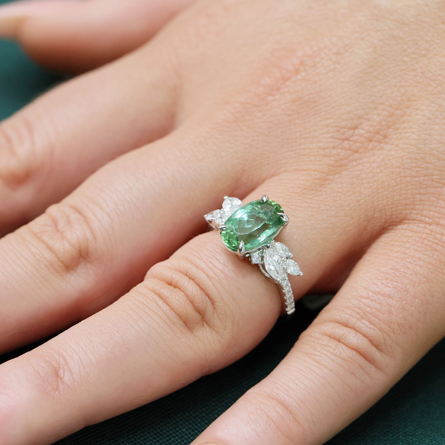 18ct White Gold Claw Set Oval Green Tourmaline & Marquise Cut Diamond Cluster Ring With Diamond Set Shoulders