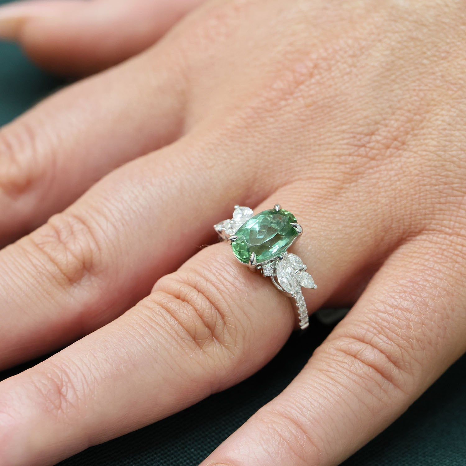 18ct White Gold Claw Set Oval Green Tourmaline & Marquise Cut Diamond Cluster Ring With Diamond Set Shoulders