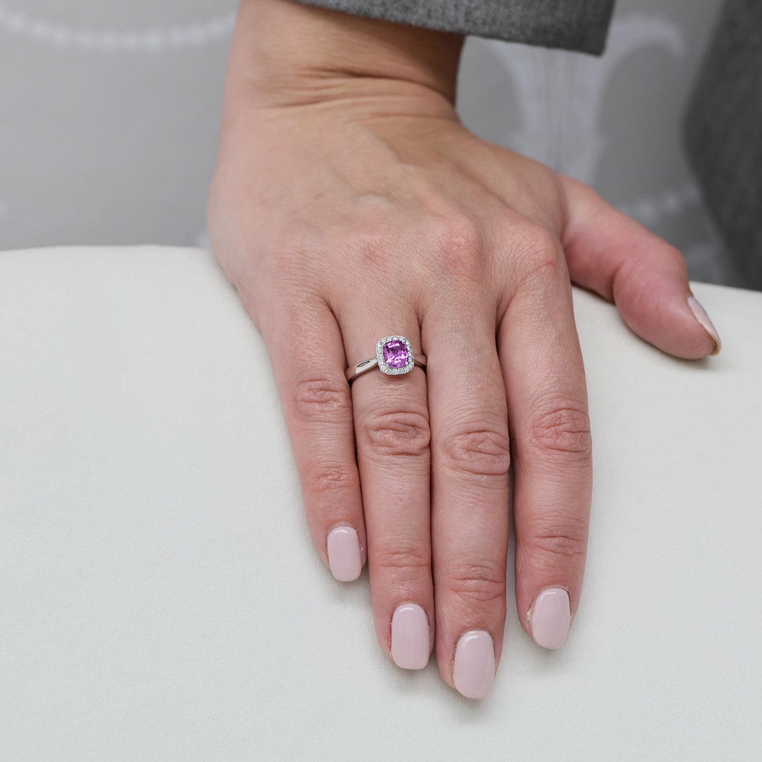 Platinum Cushion Cut Unheated Pink Sapphire And diamond Halo Ring