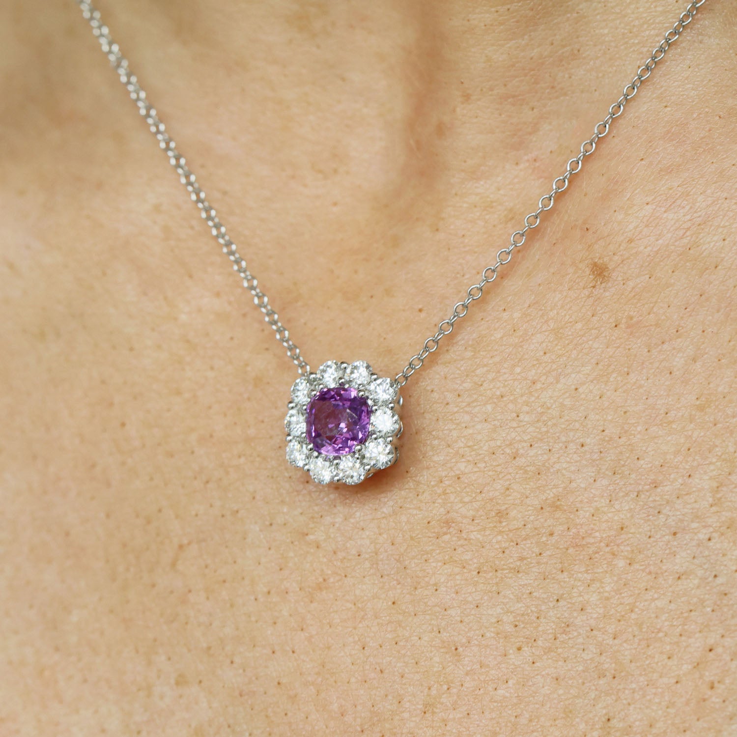 18ct White Gold Pink Sapphire and Diamond Cluster Pendant