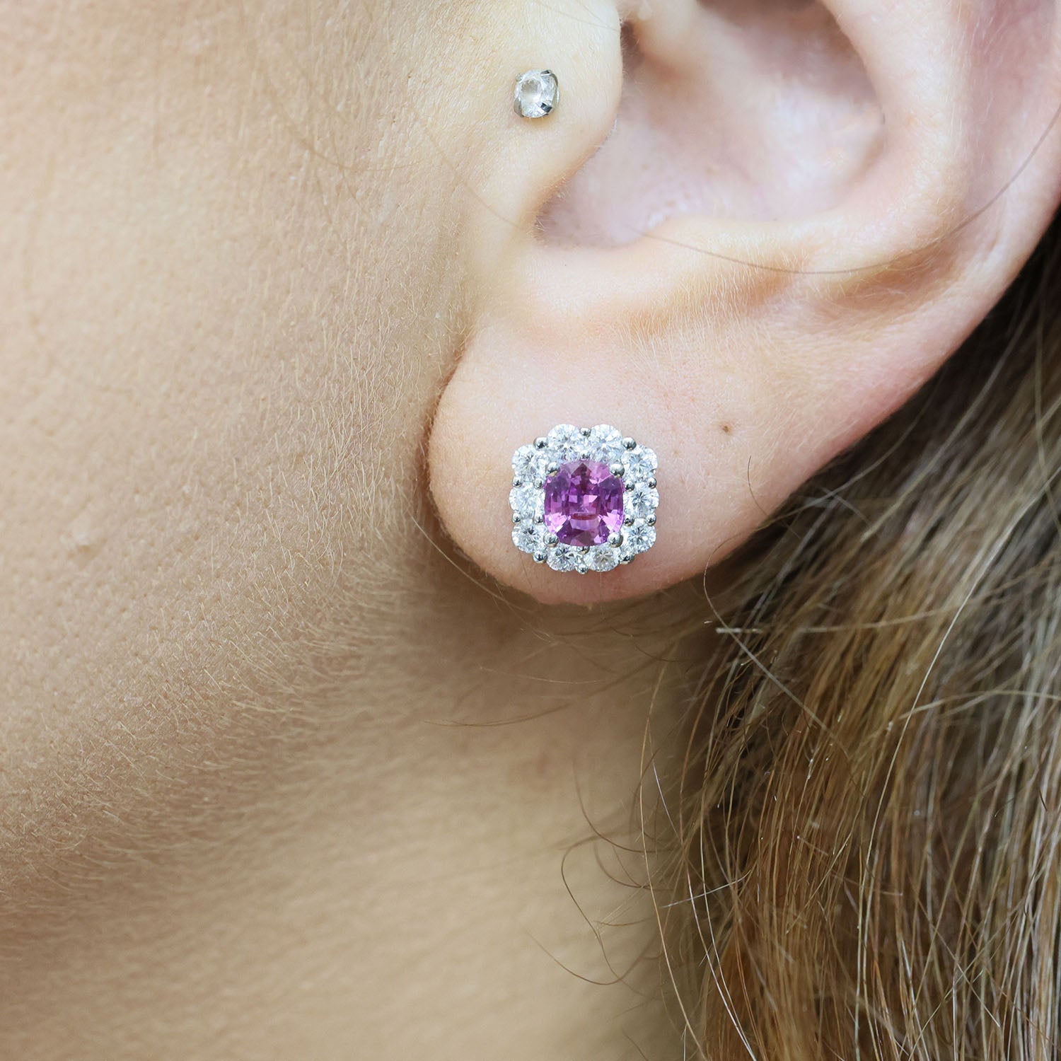 18ct White Gold Pink Sapphire & Diamond Cushion Shape Cluster Earrings