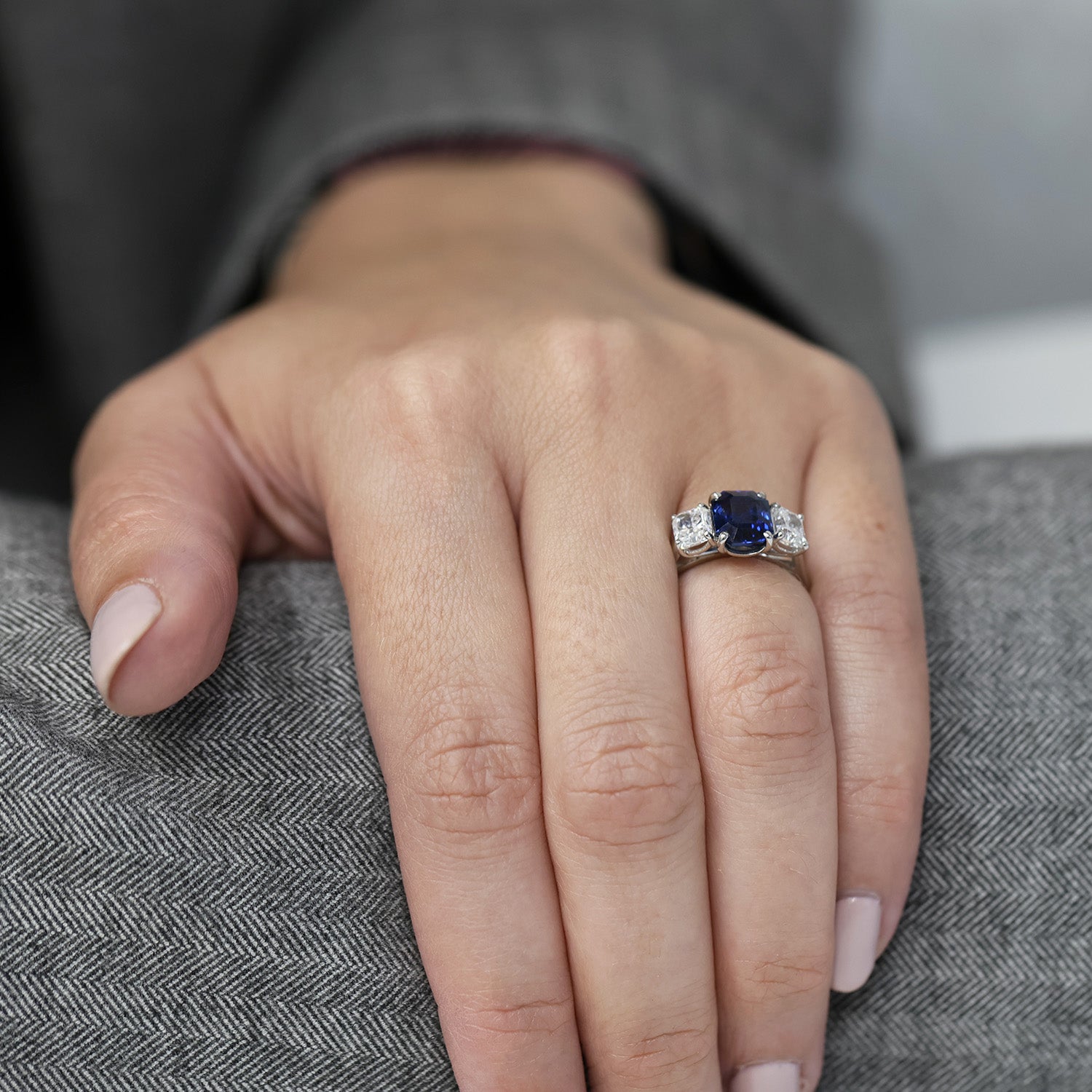 Platinum Step Cut Sapphire & Radiant Cut Diamond Three Stone Claw Set Ring