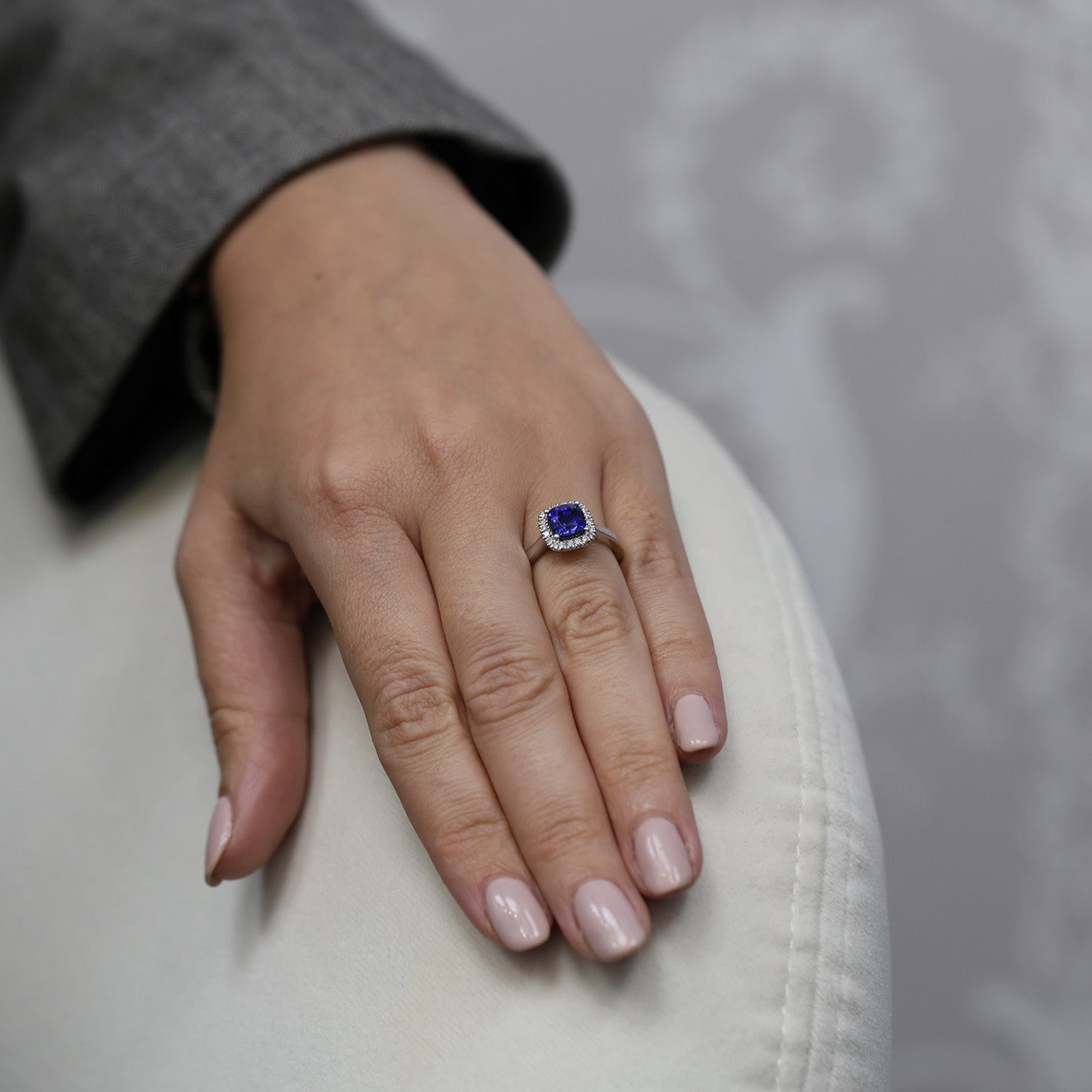 Platinum Cushion Cut Blue Sapphire & Round Brilliant Cut Diamond Halo Ring