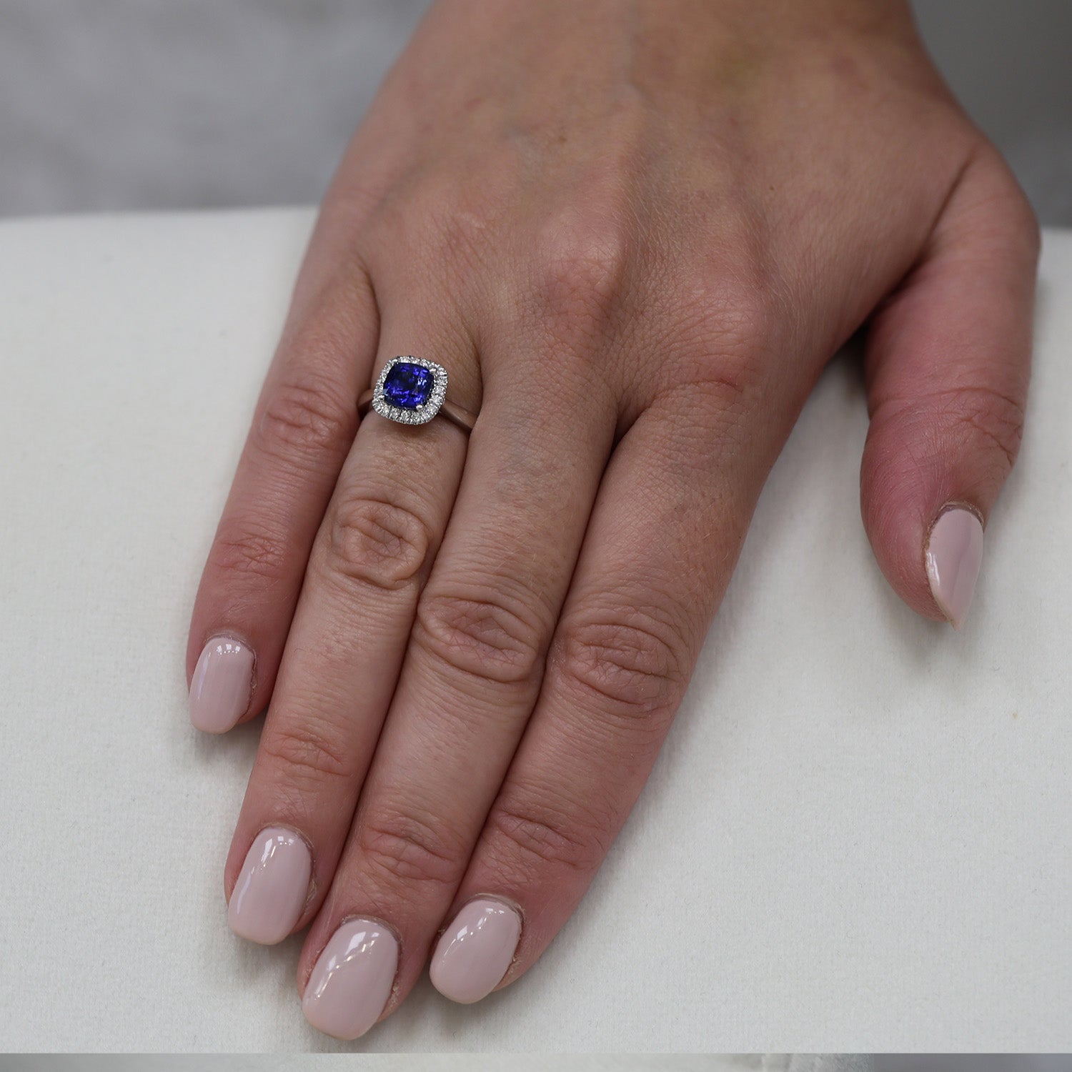 Platinum Cushion Cut Blue Sapphire & Round Brilliant Cut Diamond Halo Ring