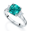 Platinum Cushion Cut Indicolite Tourmaline And Trapeze Cut Diamond Three Stone Ring