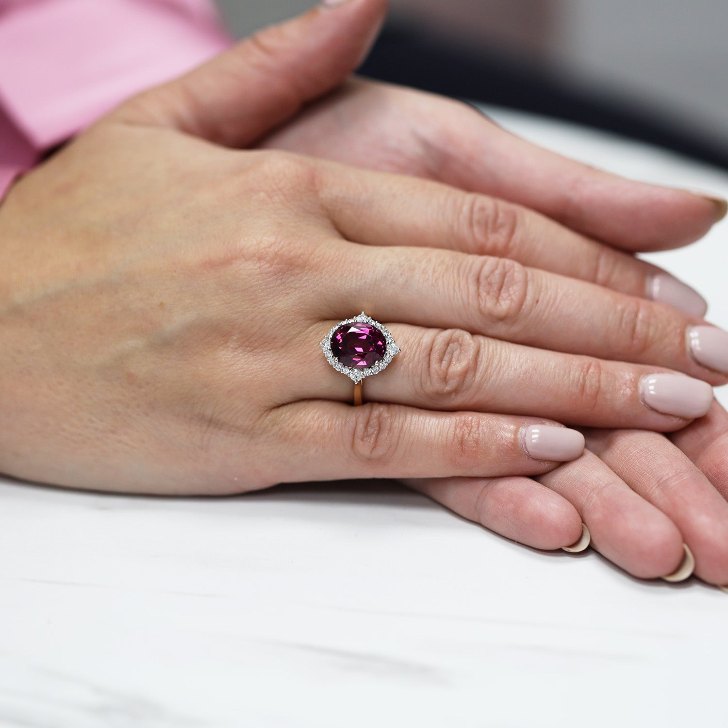 18ct Rose & White Gold Oval Cut Umbalite Garnet In A Diamond Halo Setting Ring