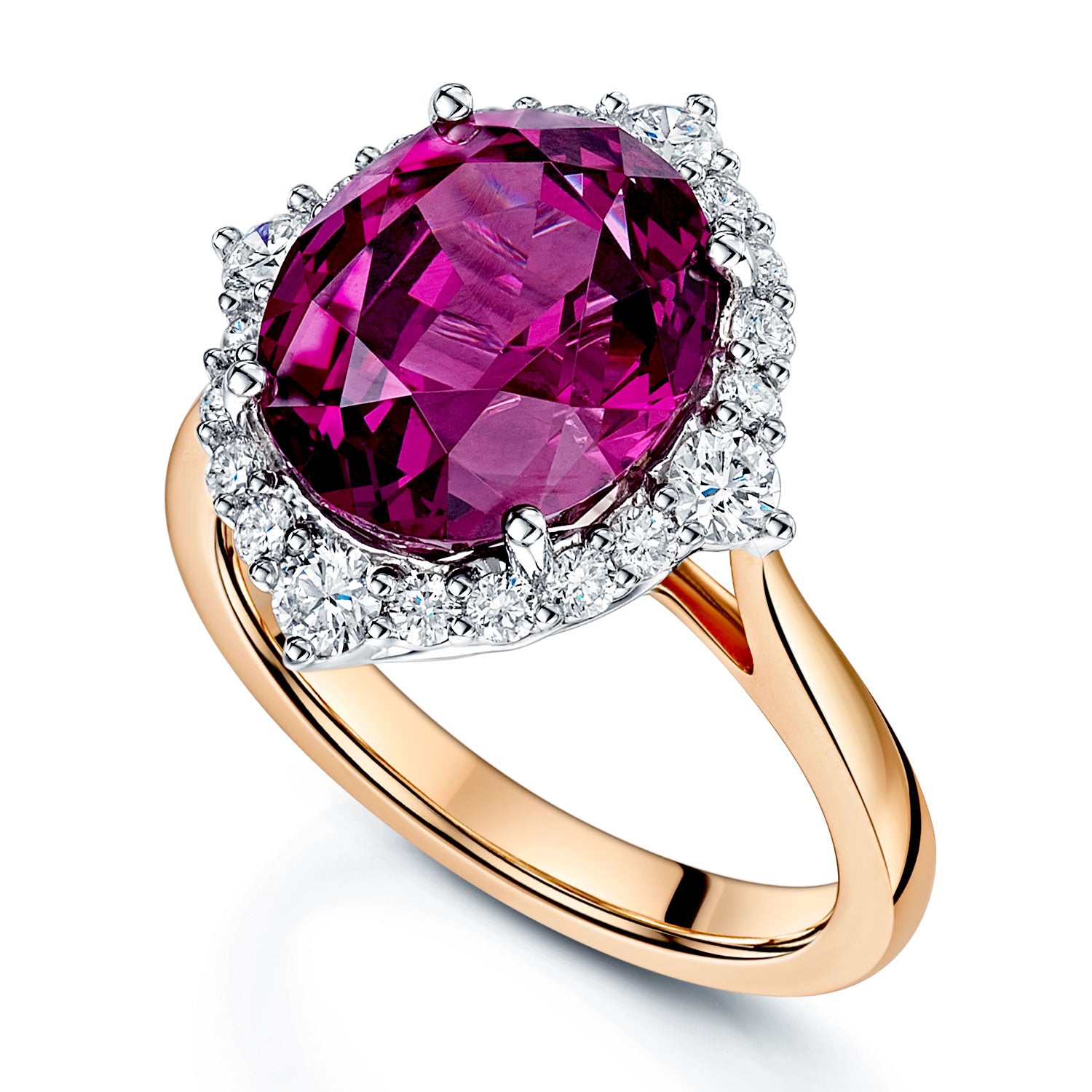 18ct Rose & White Gold Oval Cut Umbalite Garnet In A Diamond Halo Setting Ring