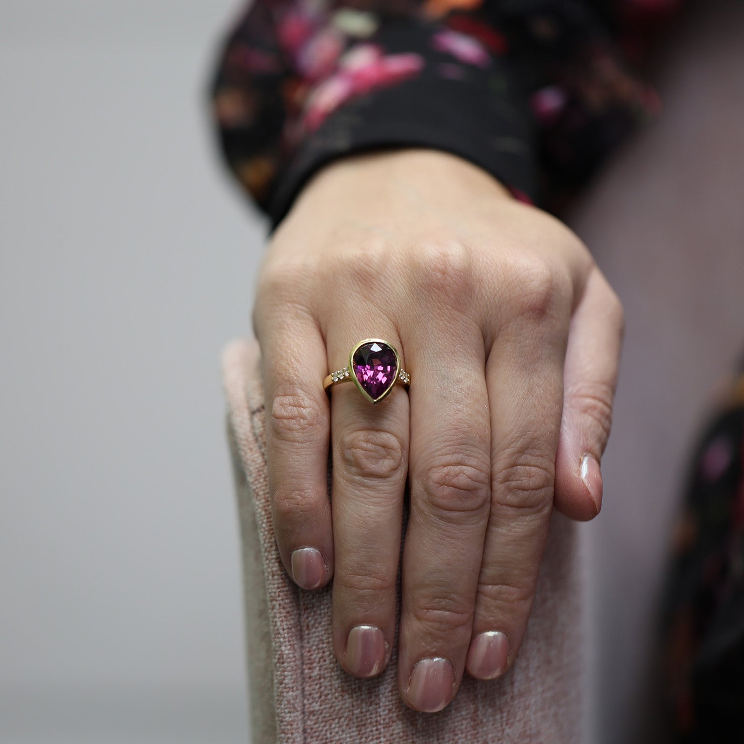 Berry's 18ct Yellow Gold Pear Cut Umbalite Garnet Rub Over Set Ring With Micro Claw Set Diamond Shoulders - Berry's Jewellers