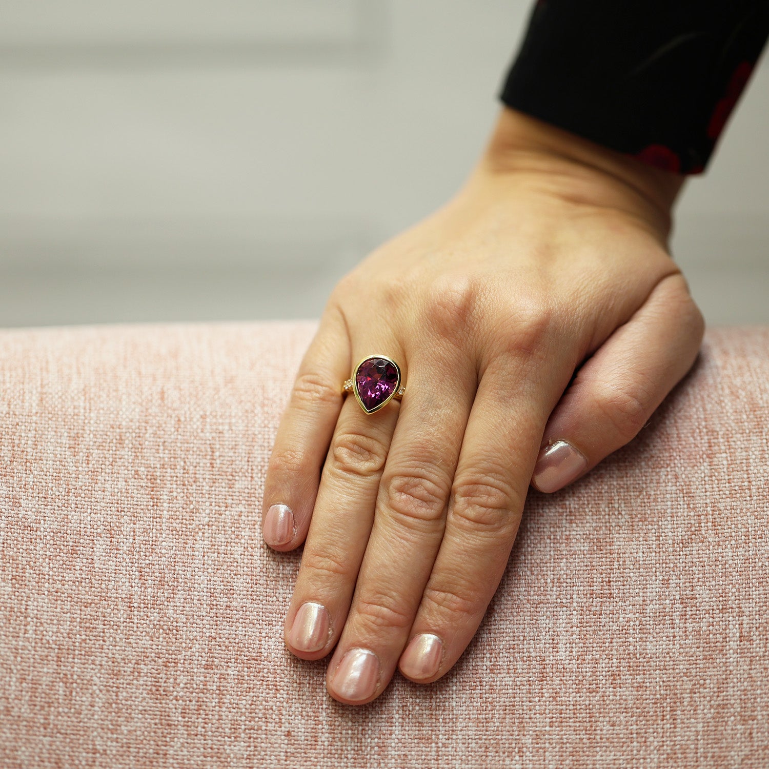 Berry's 18ct Yellow Gold Pear Cut Umbalite Garnet Rub Over Set Ring With Micro Claw Set Diamond Shoulders - Berry's Jewellers