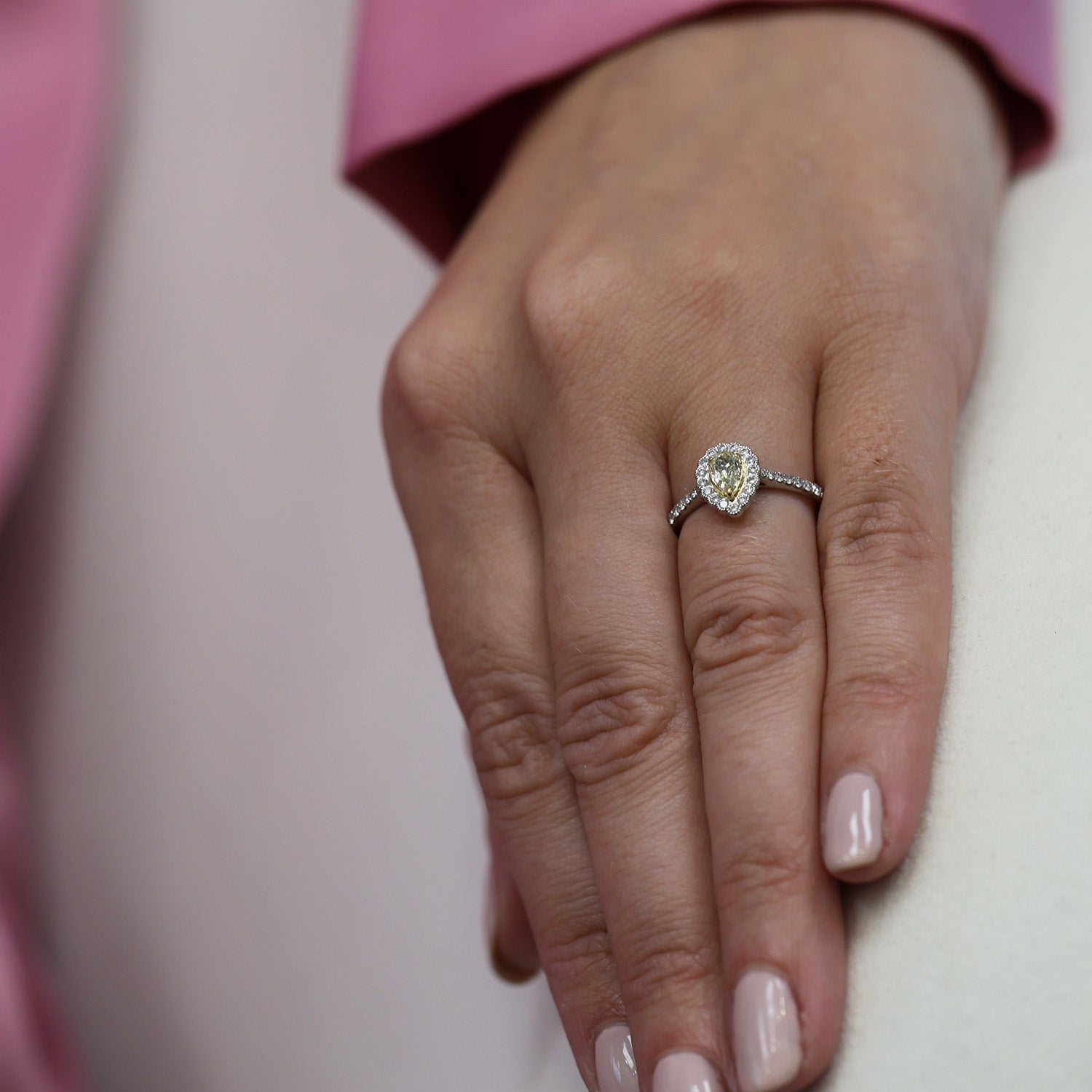 Platinum And 18ct Yellow Gold Pear Shape Fancy Yellow Diamond Halo Ring With Diamond Shoulders