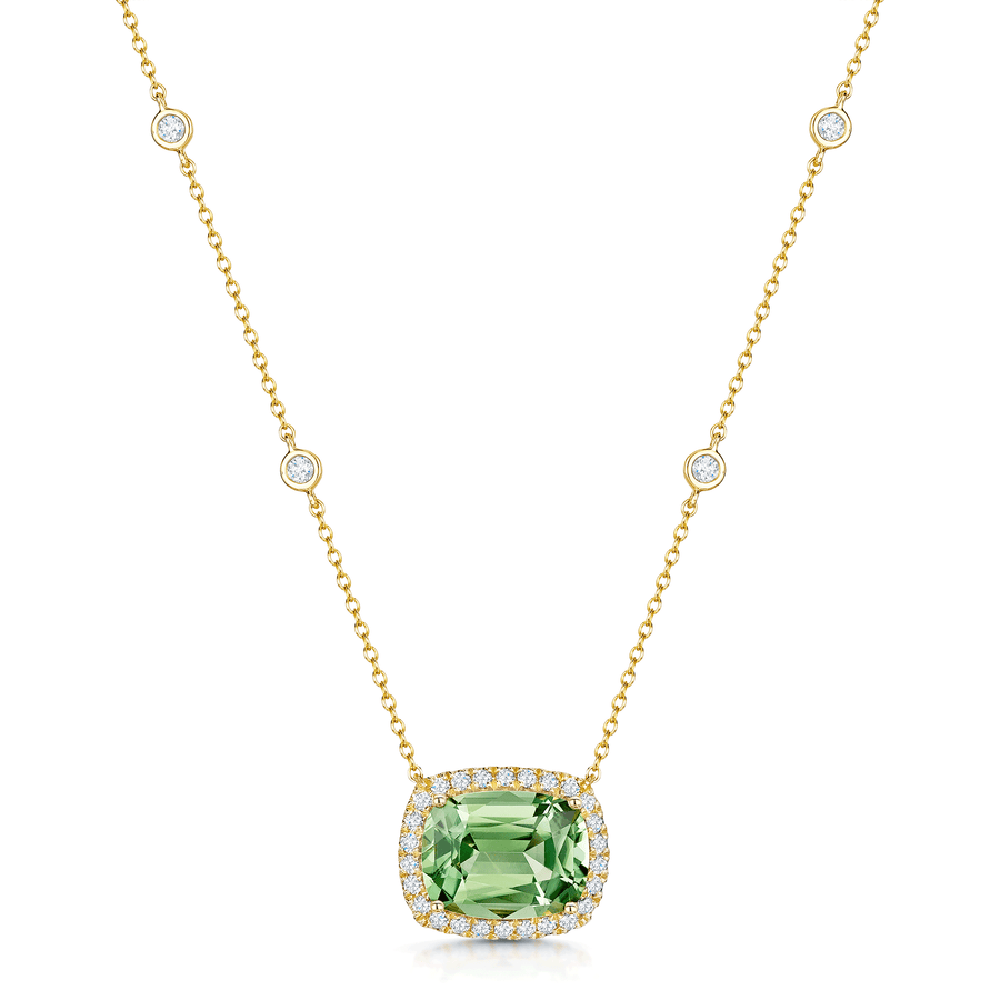 18ct Yellow Gold Elongated Cushion Cut Green Tourmaline And Diamond Halo Pendant