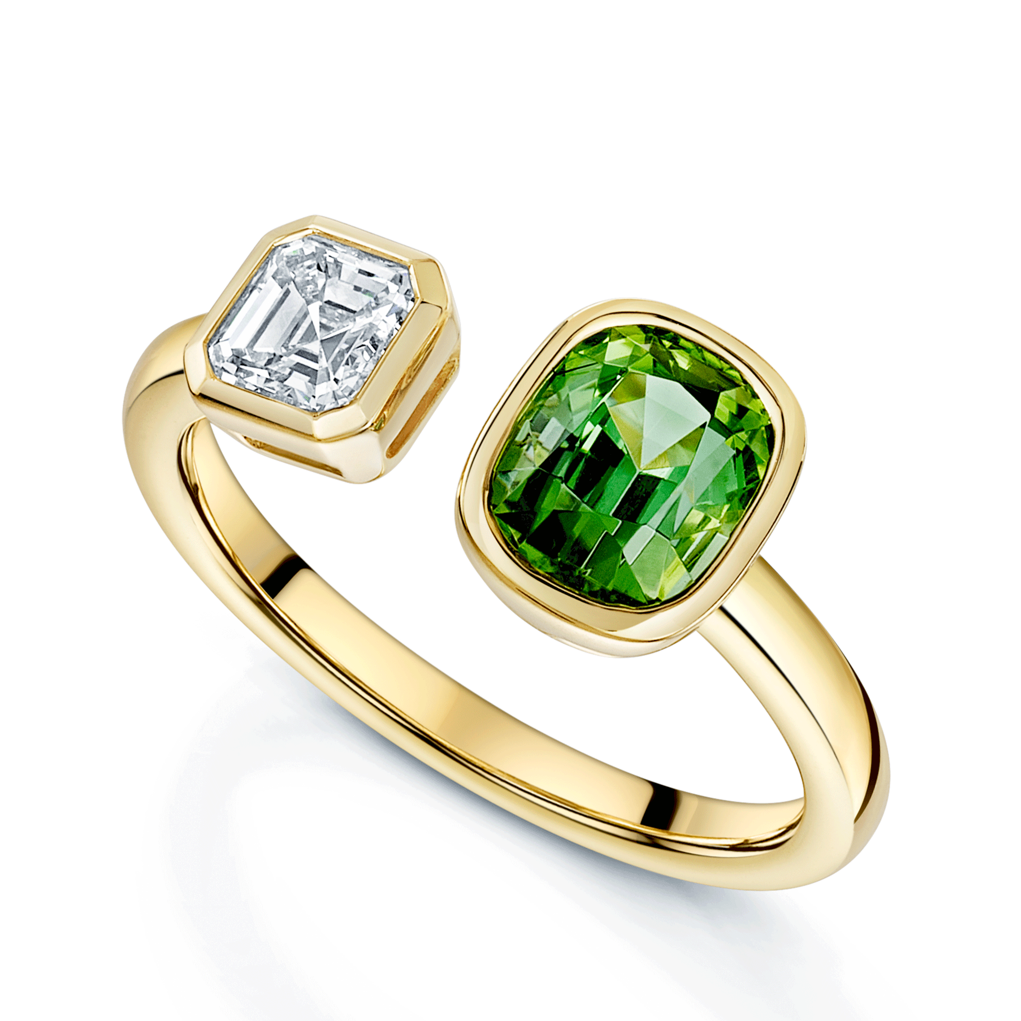 18ct Yellow Gold Cushion Cut Green Tourmaline And Asscher Cut Diamond Two Stone Dress Ring