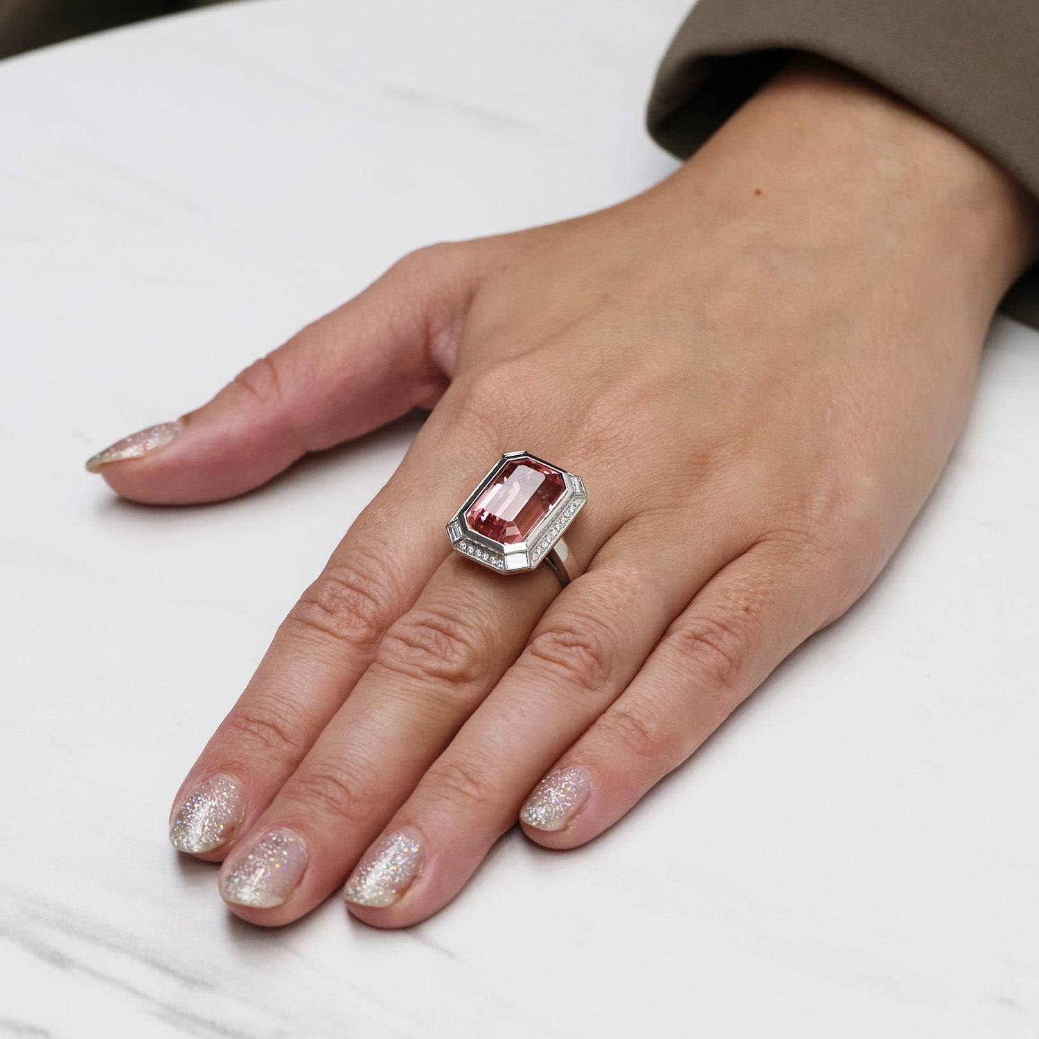 Platinum Emerald Cut Pink Tourmaline & Diamond Halo Ring