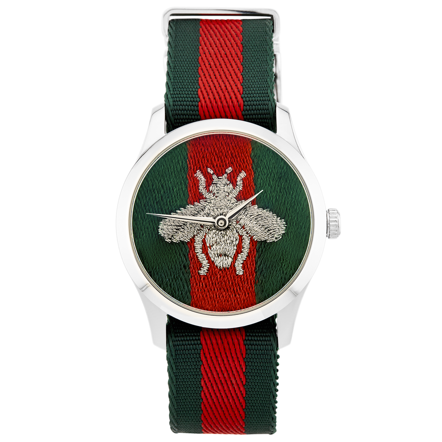 GUCCI 38mm Red/Green Embroidered Dial Watch