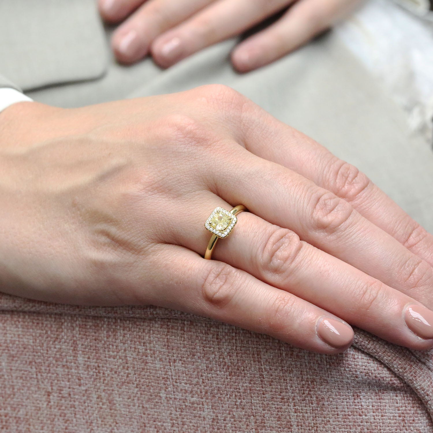 18ct Yellow Gold Cushion Cut Yellow Diamond Halo Set Ring