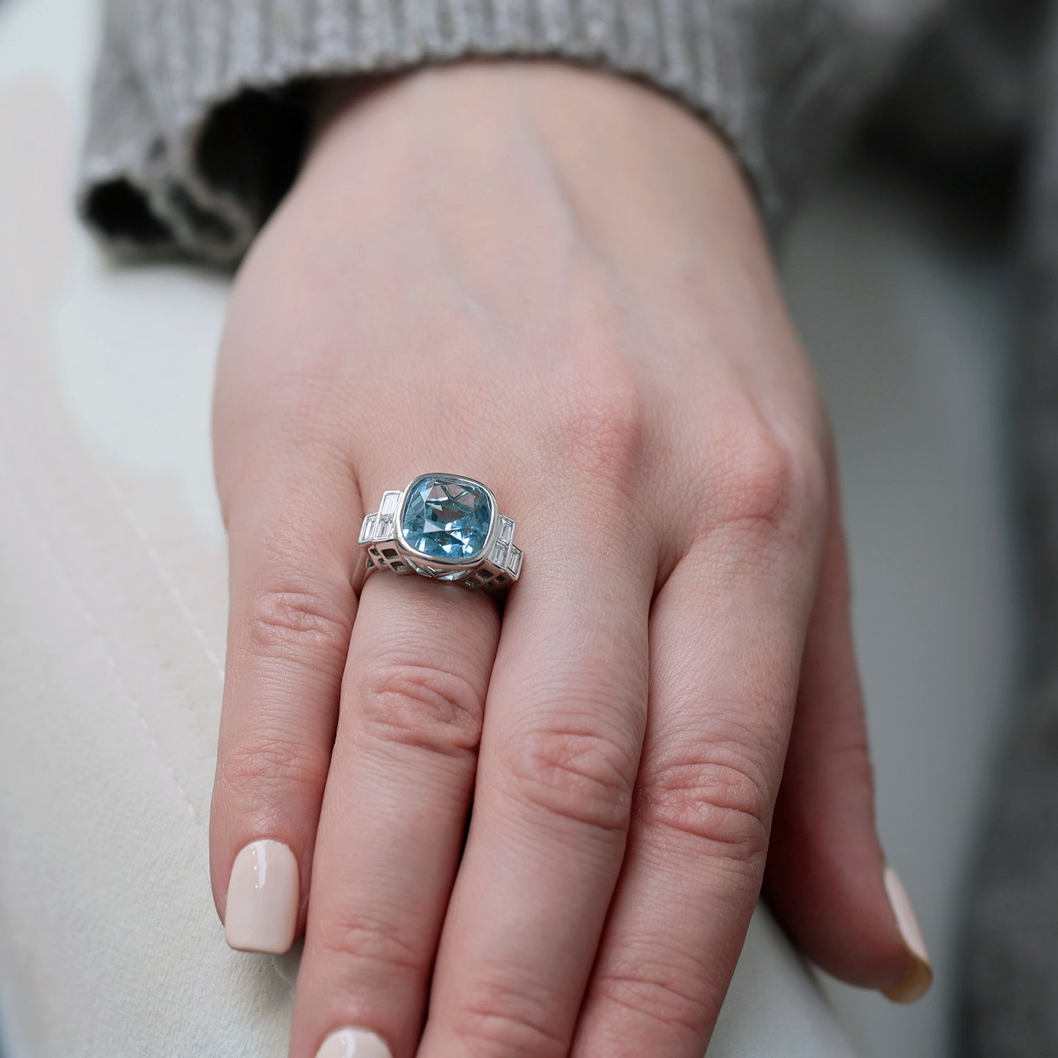 Platinum Cushion Cut Aquamarine And Baguette Diamond Dress Ring