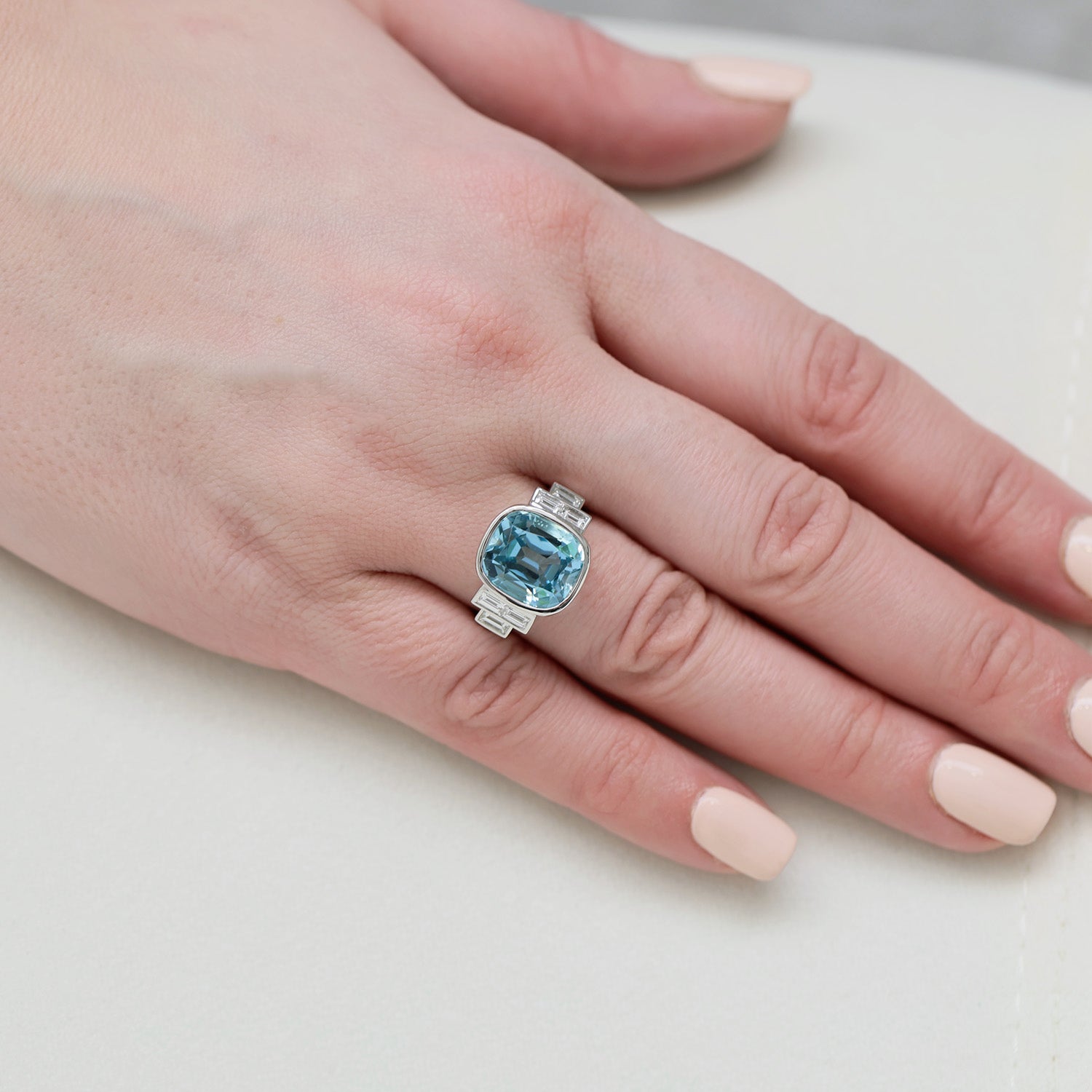 Platinum Cushion Cut Aquamarine And Baguette Diamond Dress Ring