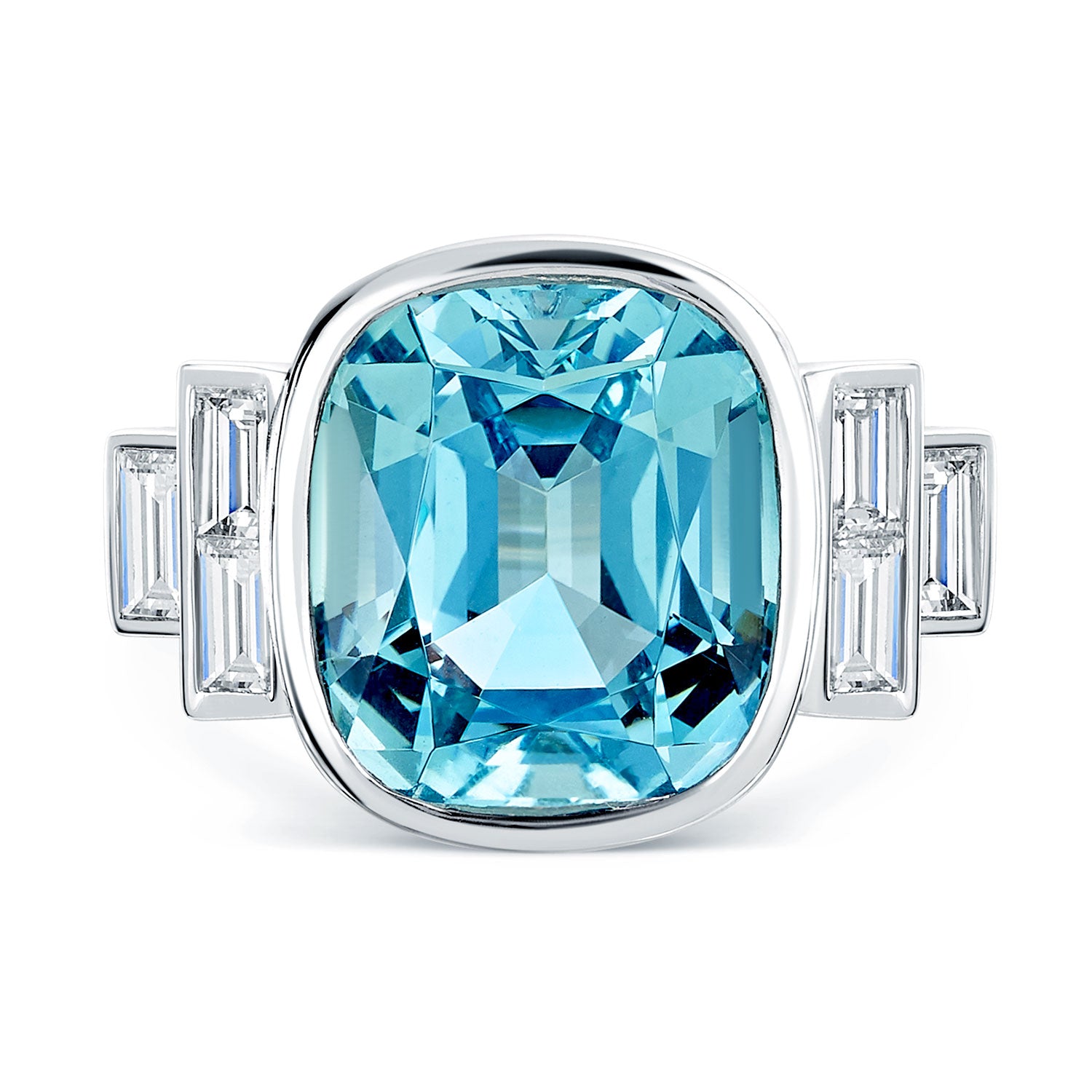 Berry's Platinum Cushion Cut Aquamarine And Baguette Diamond Dress Ring - Berry's Jewellers