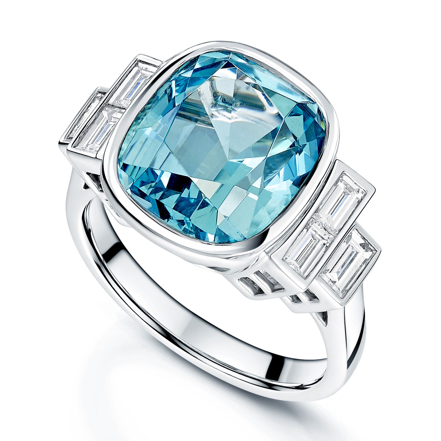 Berry's Platinum Cushion Cut Aquamarine And Baguette Diamond Dress Ring - Berry's Jewellers