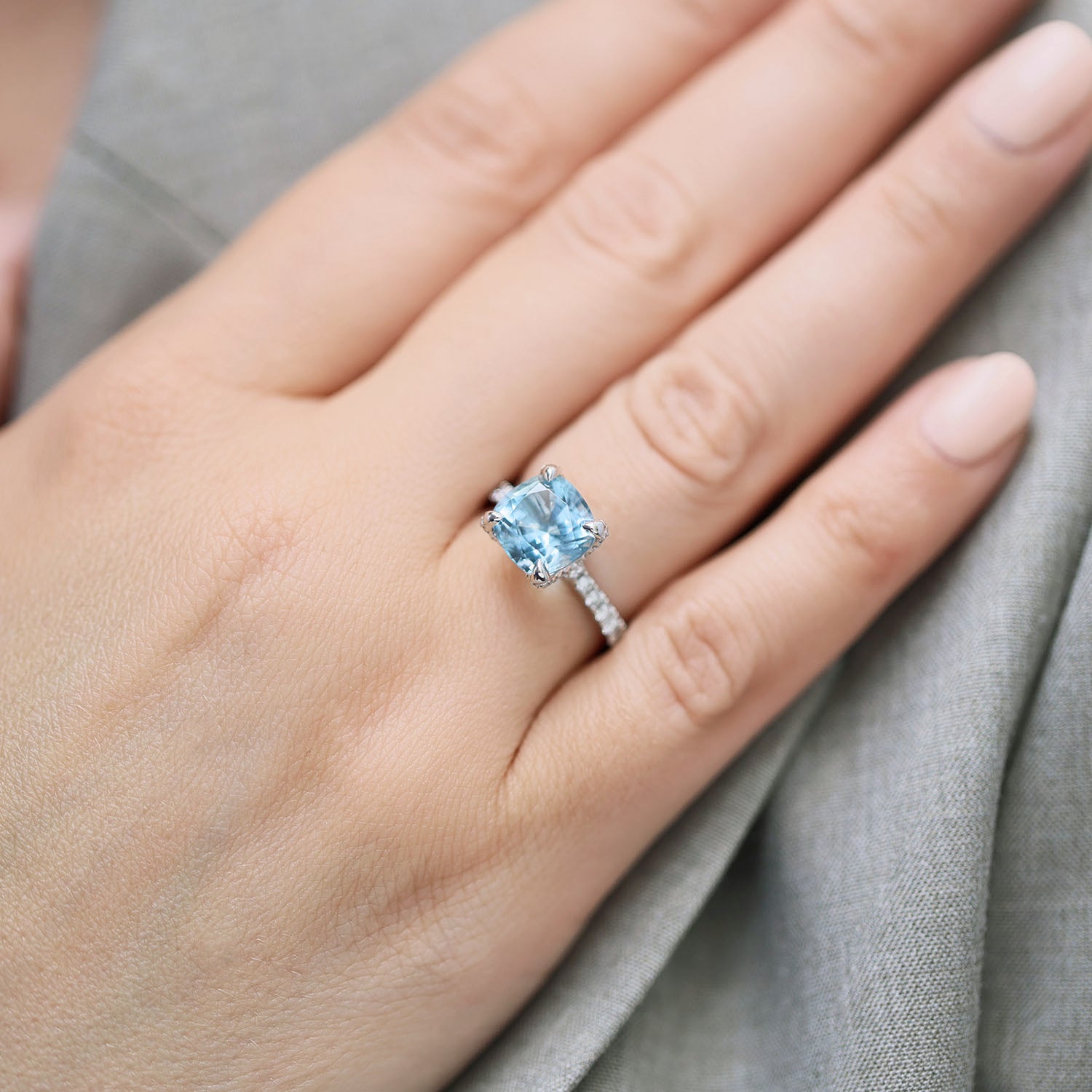 Platinum Cushion Cut Aquamarine & Diamond Ring