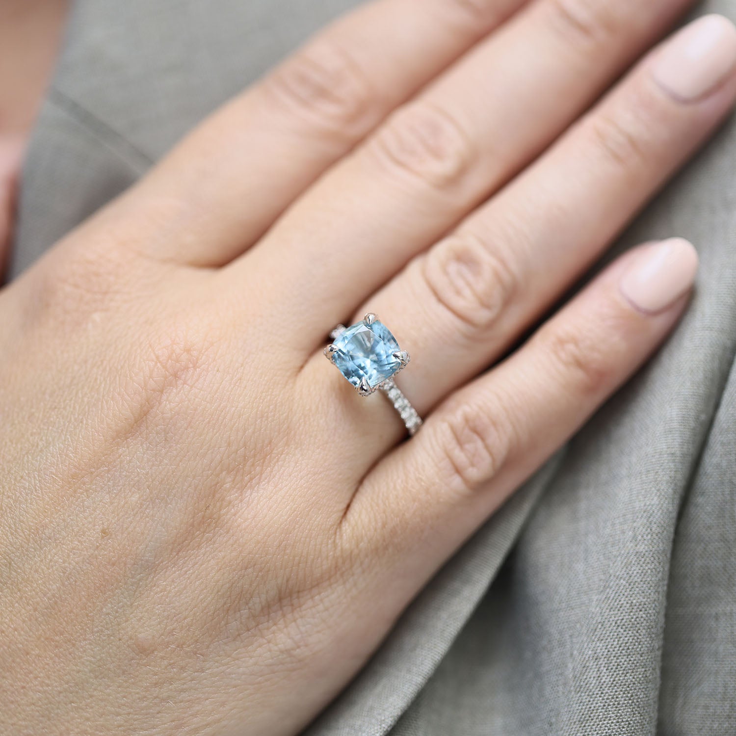 Platinum Cushion Cut Aquamarine & Diamond Ring