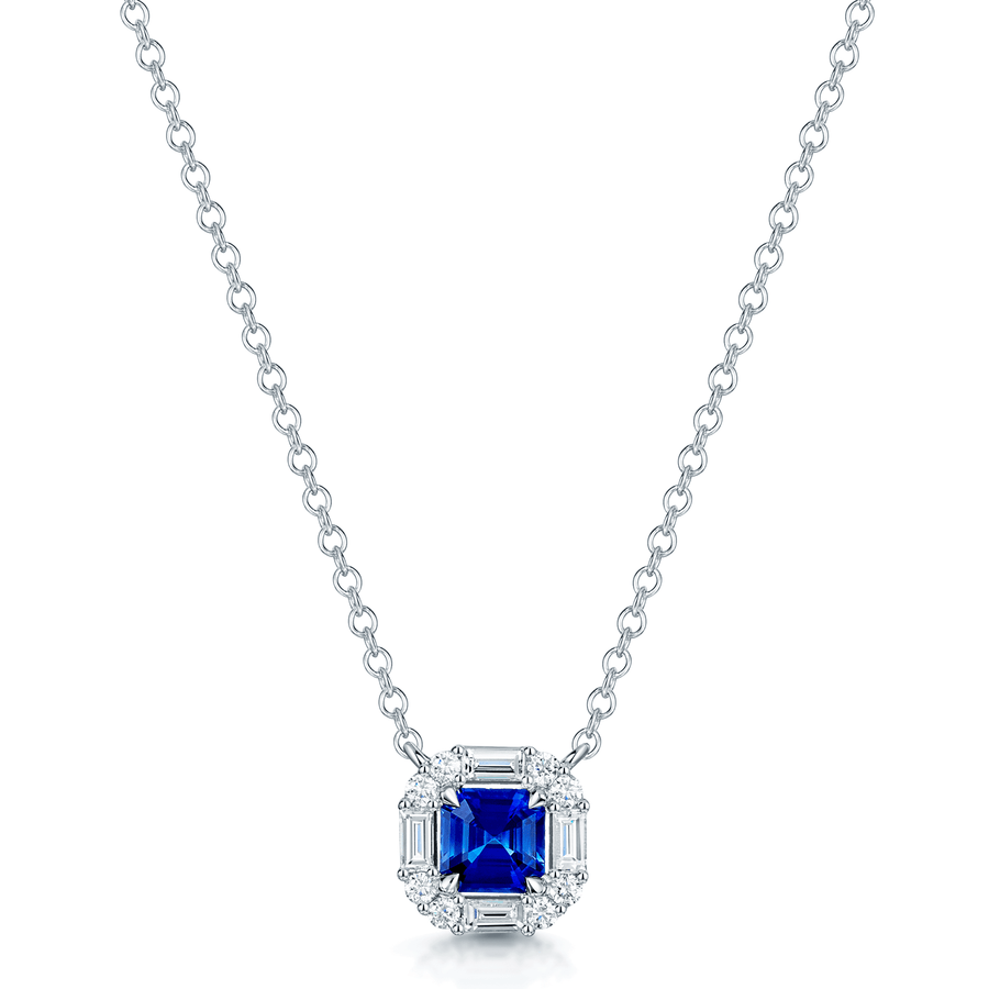 18ct White Gold Cushion Cut Sapphire And Diamond Halo Surround Pendant