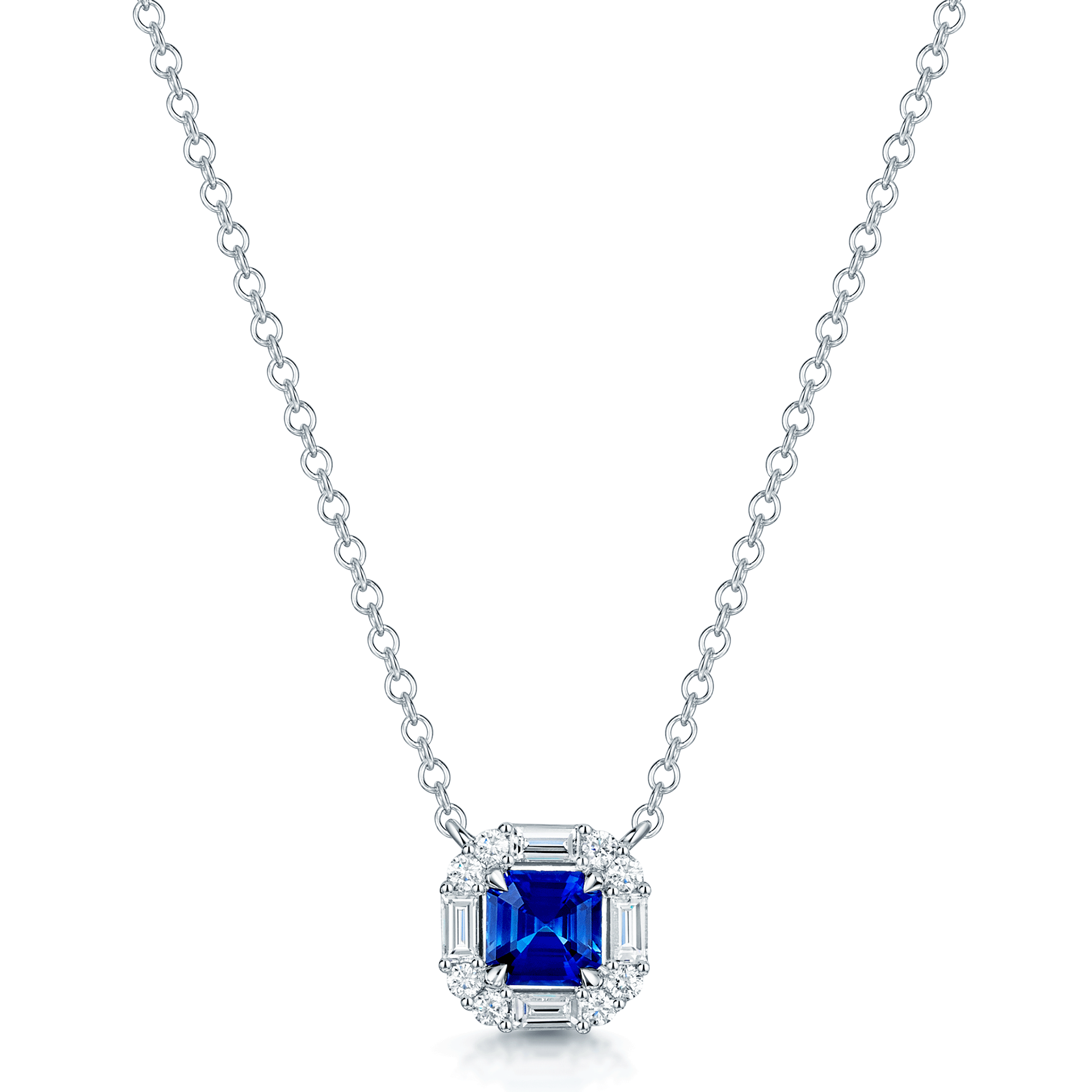 18ct White Gold Cushion Cut Sapphire And Diamond Halo Surround Pendant