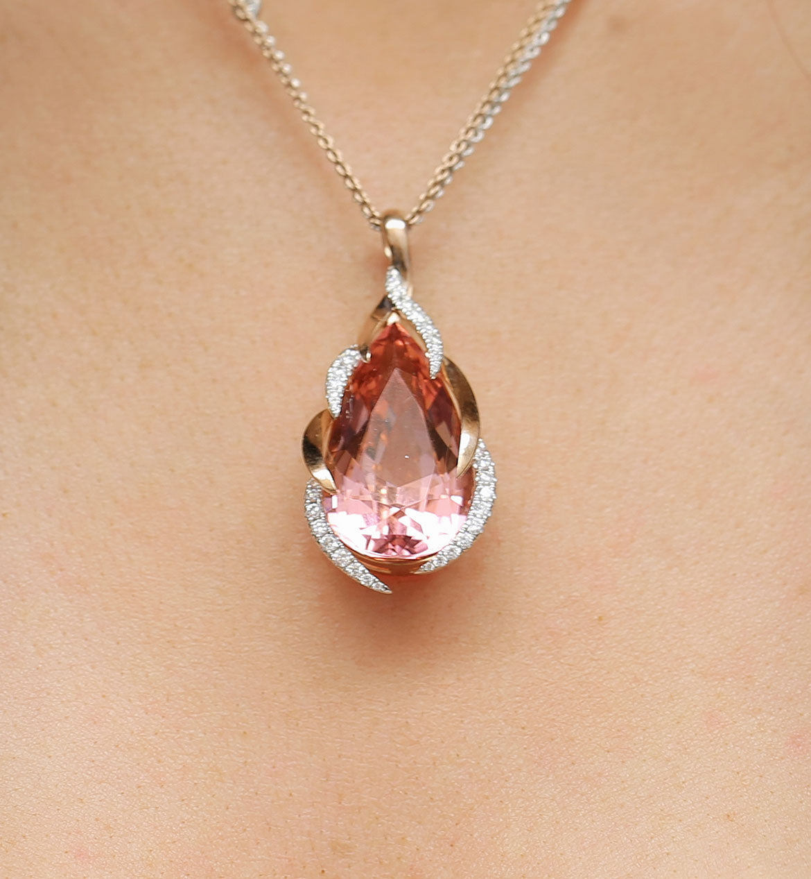 18ct Rose & White Gold Fancy Diamond Set Pink Pear Cut Tourmaline Pendant