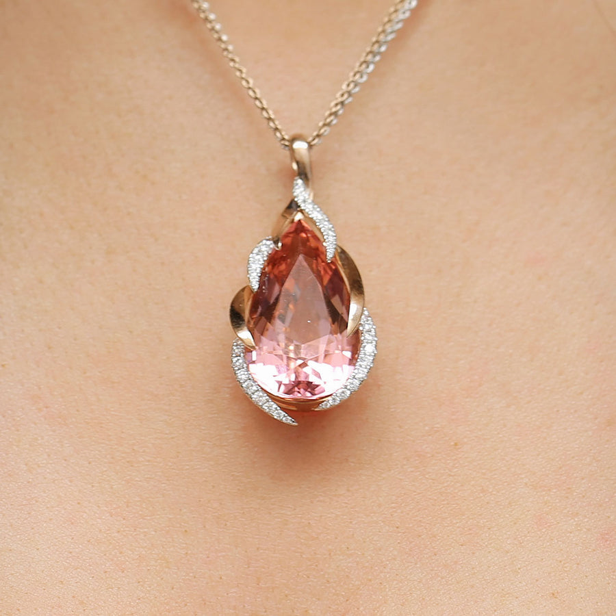 18ct Rose & White Gold Fancy Diamond Set Pink Pear Cut Tourmaline Pendant