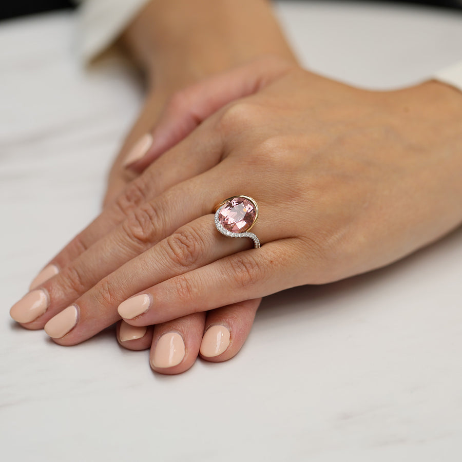 18ct Rose And White Gold Oval Cut Pink Tourmaline And Diamond Pave Set Dress Ring