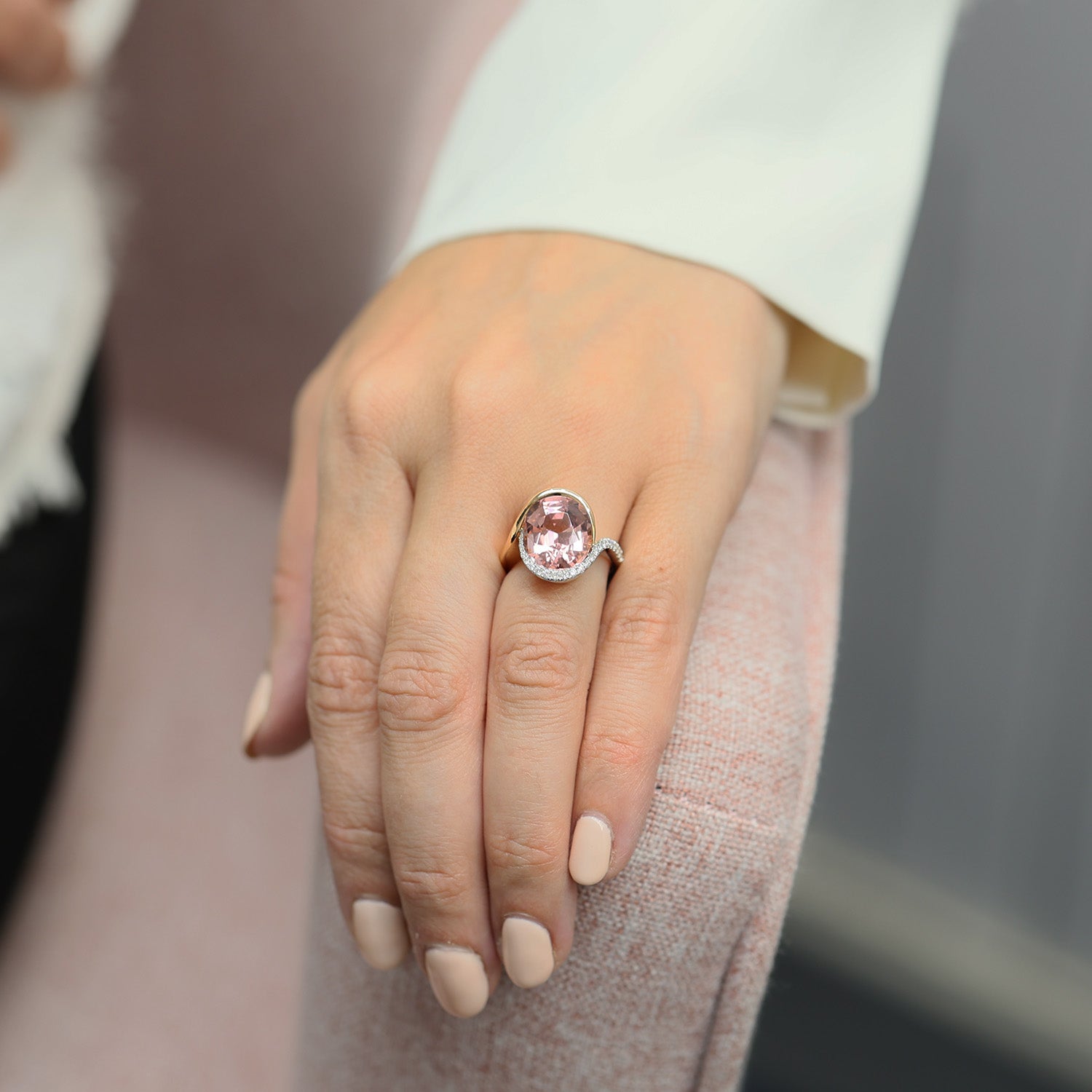 18ct Rose And White Gold Oval Cut Pink Tourmaline And Diamond Pave Set Dress Ring