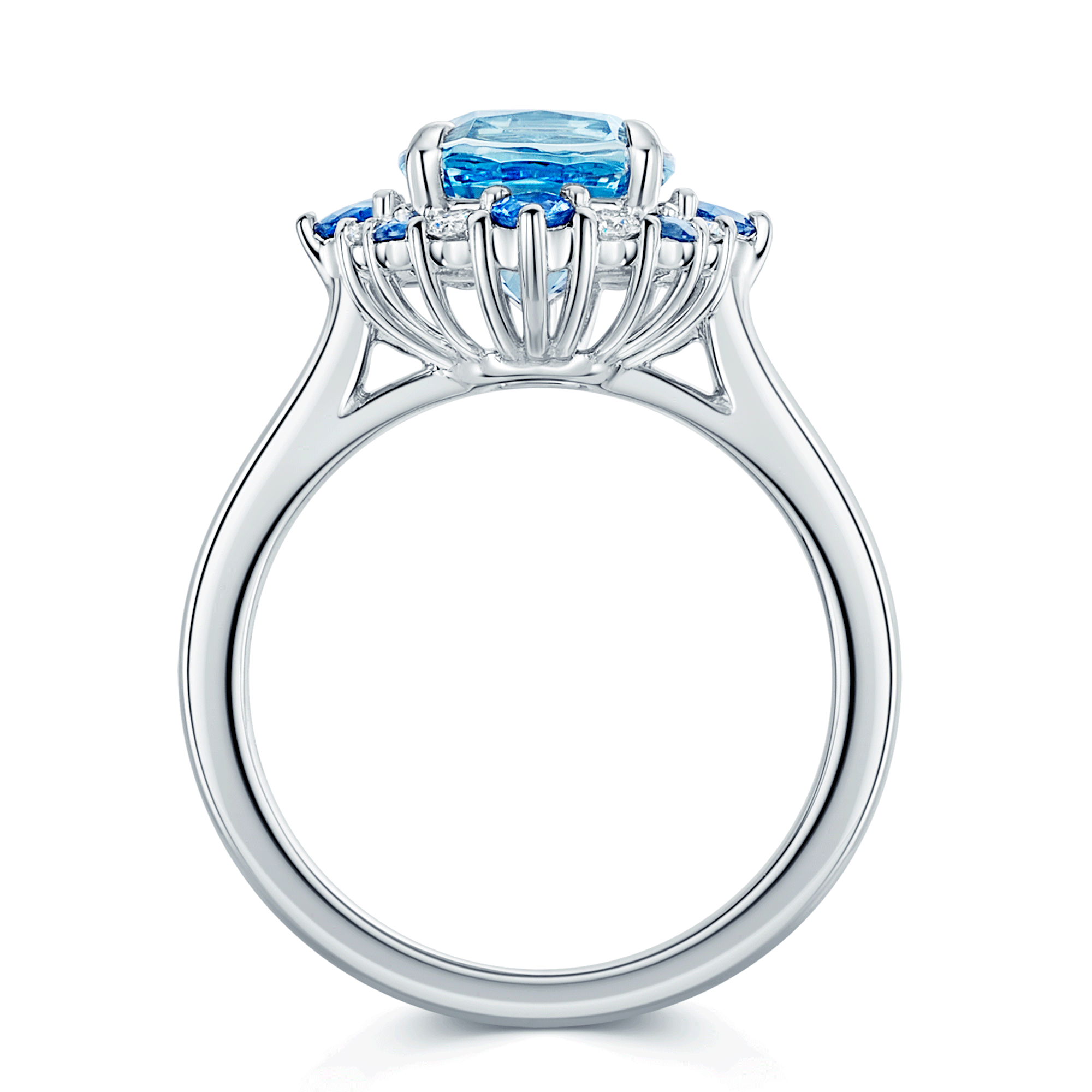 Berry's Platinum Cushion Cut Aquamarine Halo Dress Ring With Alternately Set Blue Sapphire and Diamonds. - Berry's Jewellers