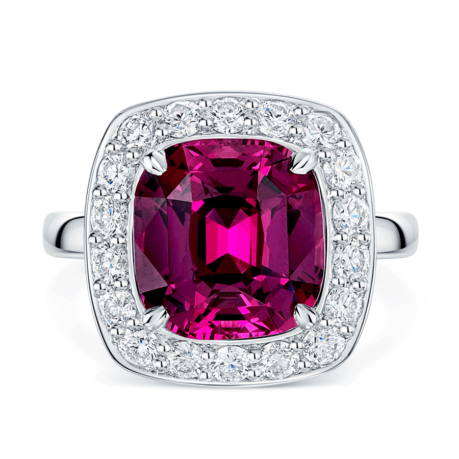 Platinum Cushion Cut Rhodolite Garnet And Round Brilliant Cut Diamond Halo Ring