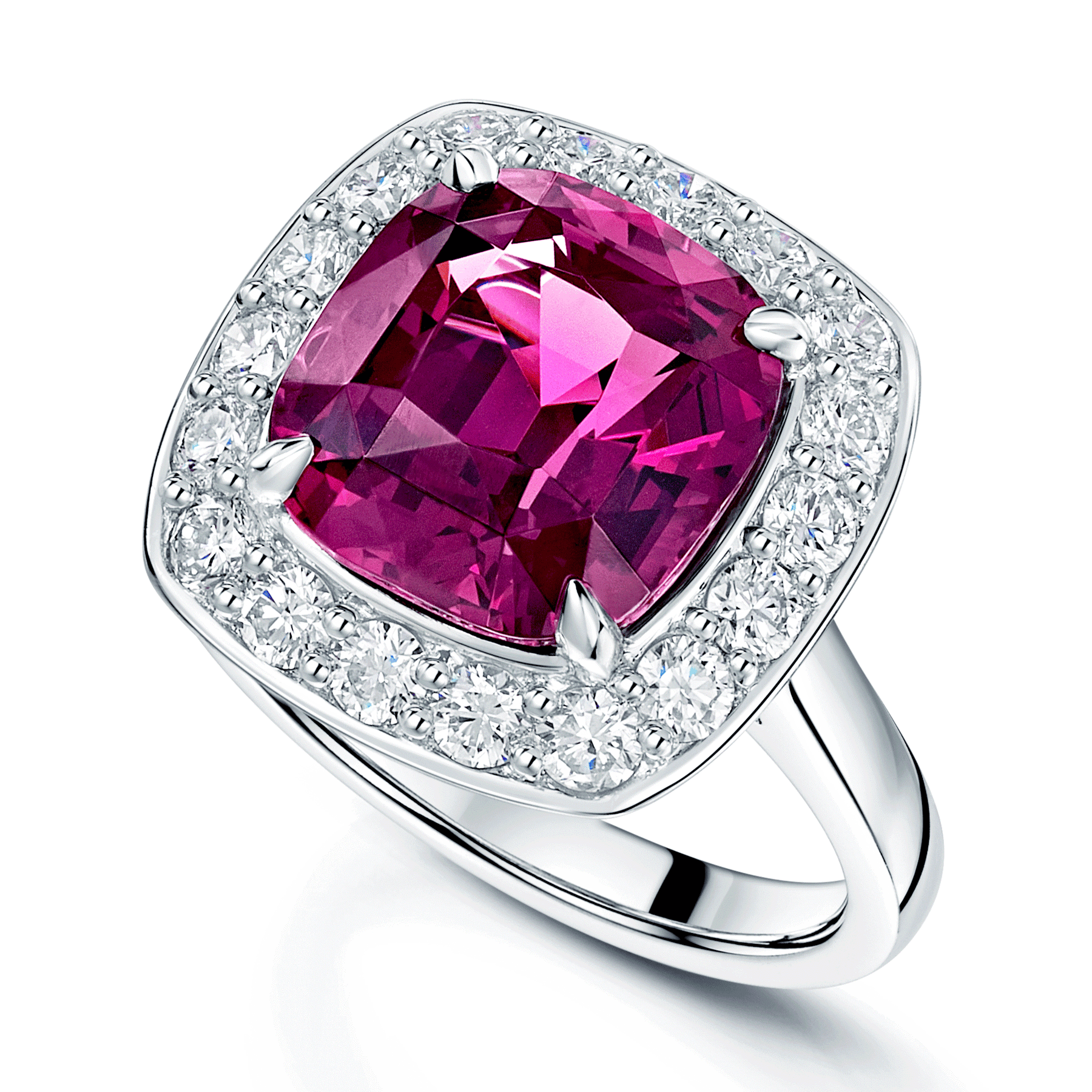 Platinum Cushion Cut Rhodolite Garnet And Round Brilliant Cut Diamond Halo Ring