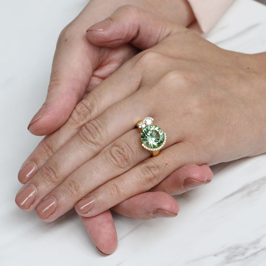 18ct Yellow Gold Round Brilliant Cut Green Tourmaline And Diamond Pave Set Dress Ring