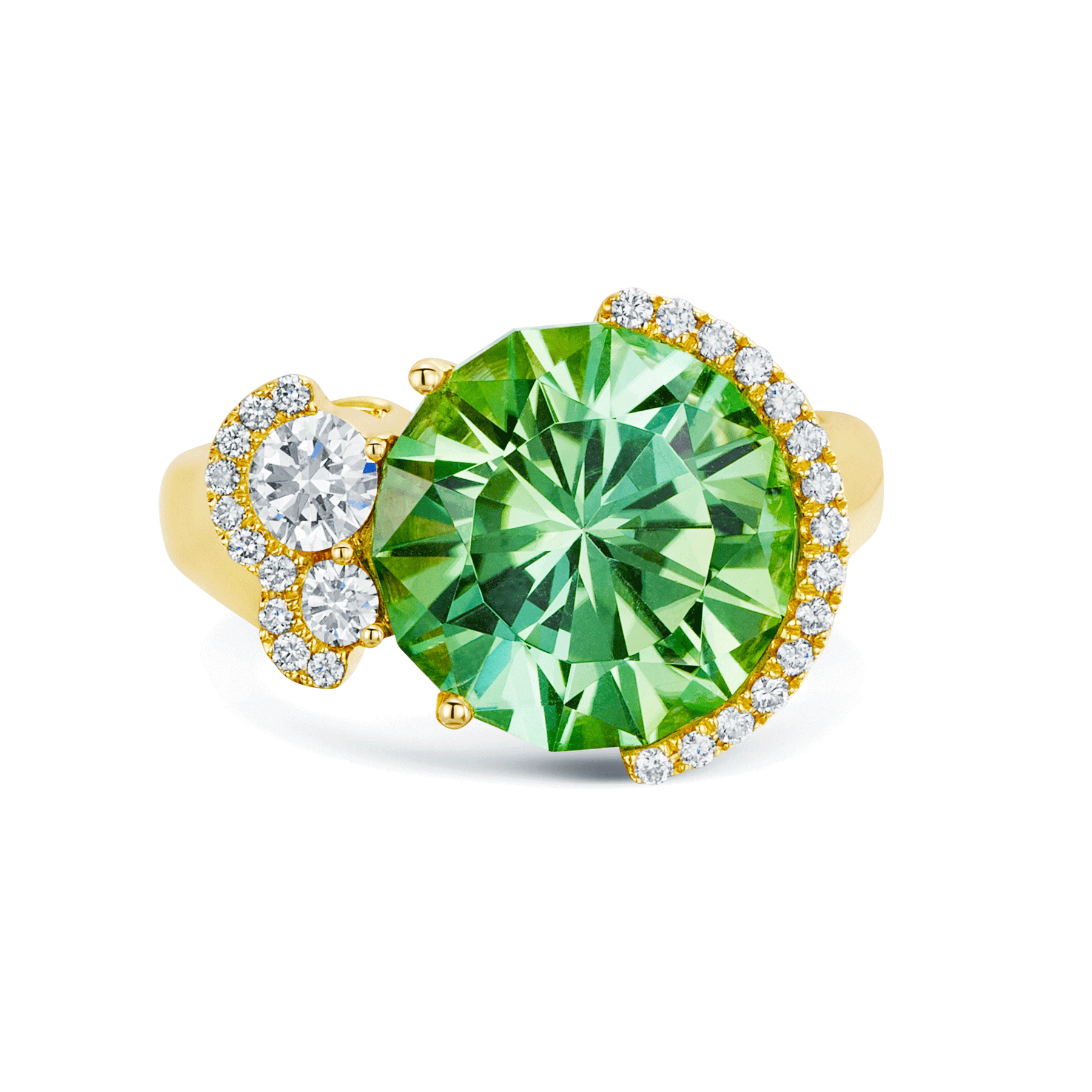 18ct Yellow Gold Round Brilliant Cut Green Tourmaline And Diamond Pave Set Dress Ring