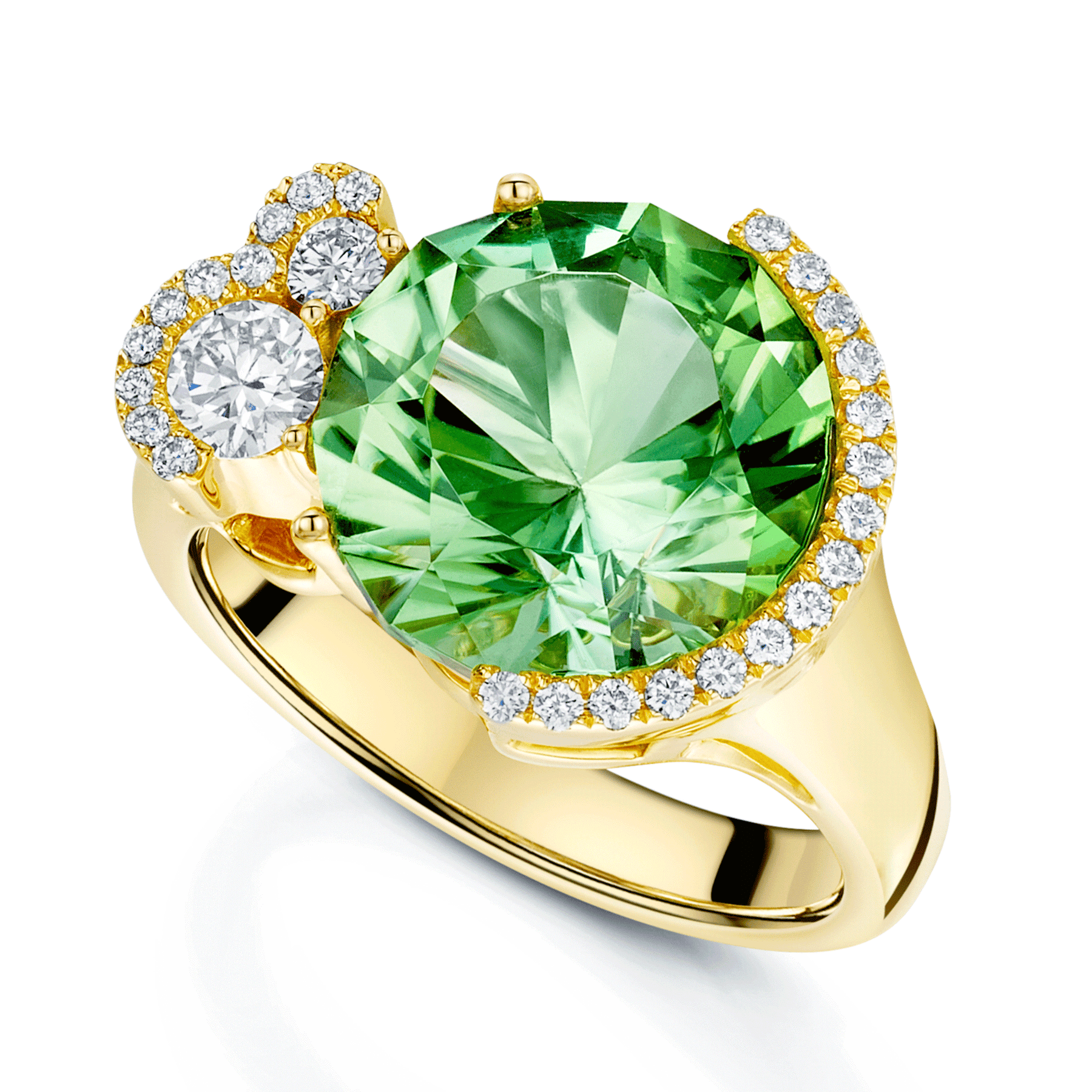 18ct Yellow Gold Round Brilliant Cut Green Tourmaline And Diamond Pave Set Dress Ring