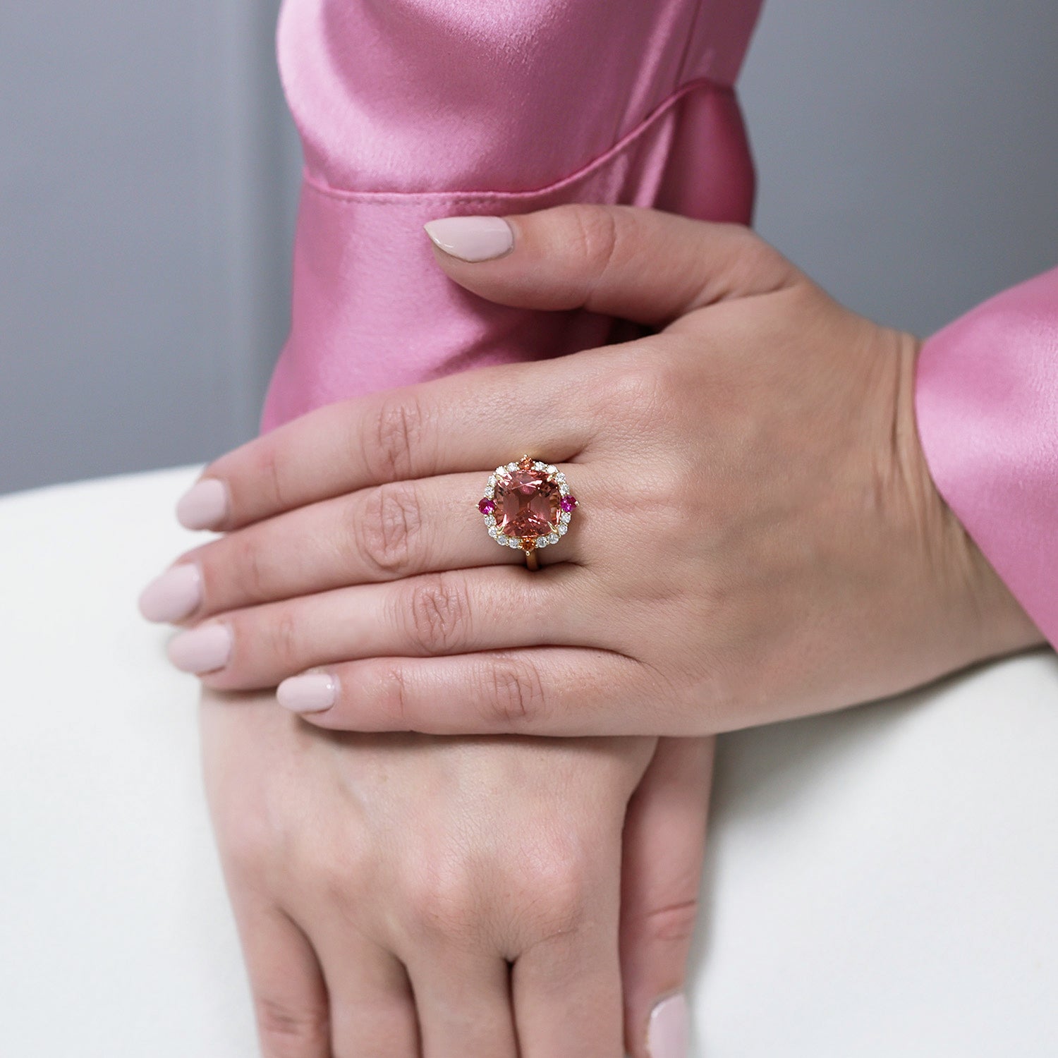 18ct Yellow Gold Pink Tourmaline Cluster Dress Ring With Diamond, Ruby And Orange Sapphire Surround