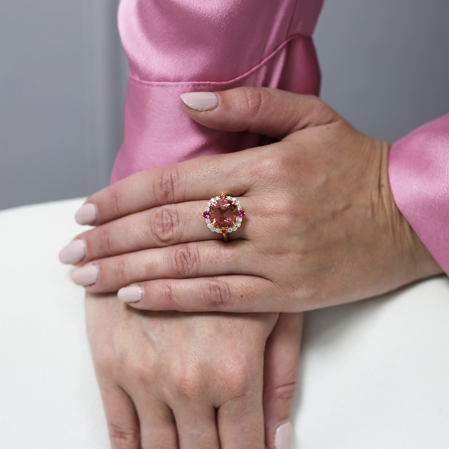 18ct Yellow Gold Pink Tourmaline Cluster Dress Ring With Diamond, Ruby And Orange Sapphire Surround