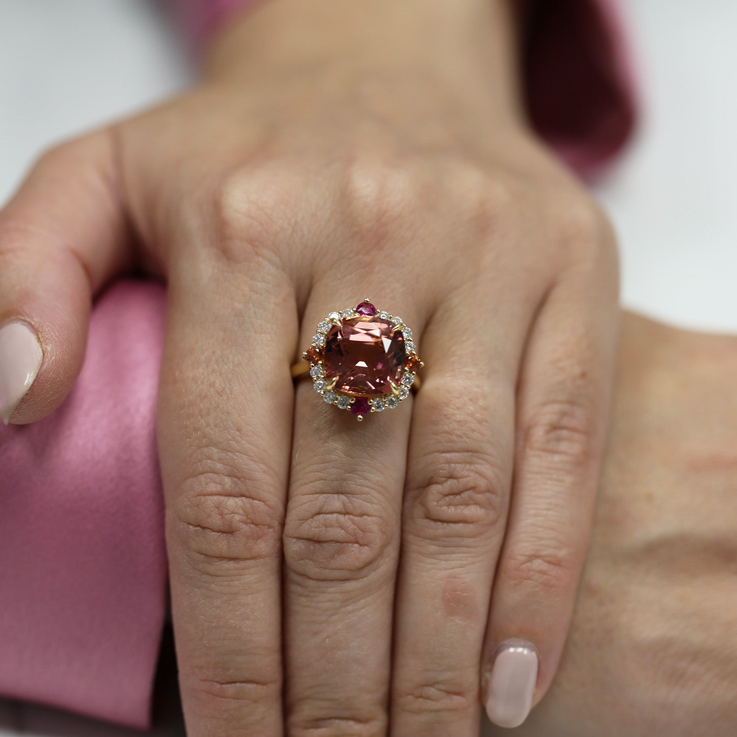 18ct Yellow Gold Pink Tourmaline Cluster Dress Ring With Diamond, Ruby And Orange Sapphire Surround