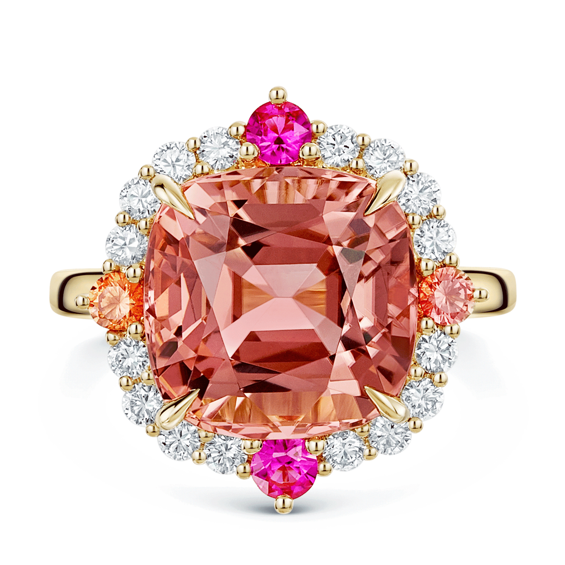 18ct Yellow Gold Pink Tourmaline Cluster Dress Ring With Diamond, Ruby And Orange Sapphire Surround