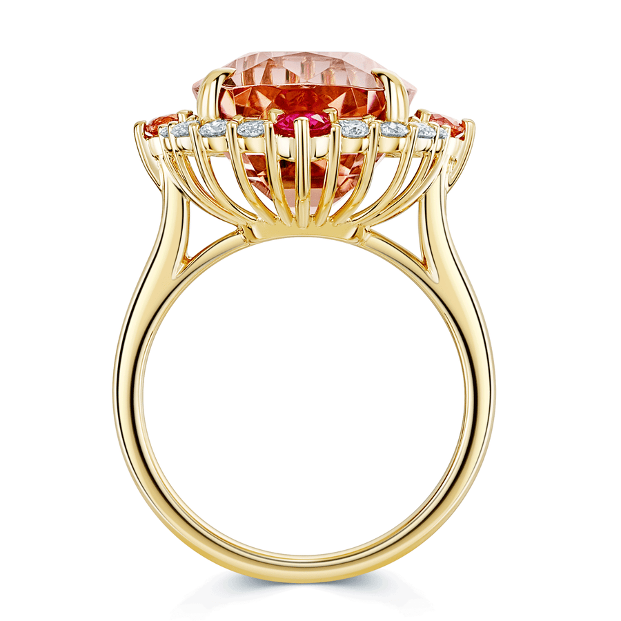 18ct Yellow Gold Pink Tourmaline Cluster Dress Ring With Diamond, Ruby And Orange Sapphire Surround