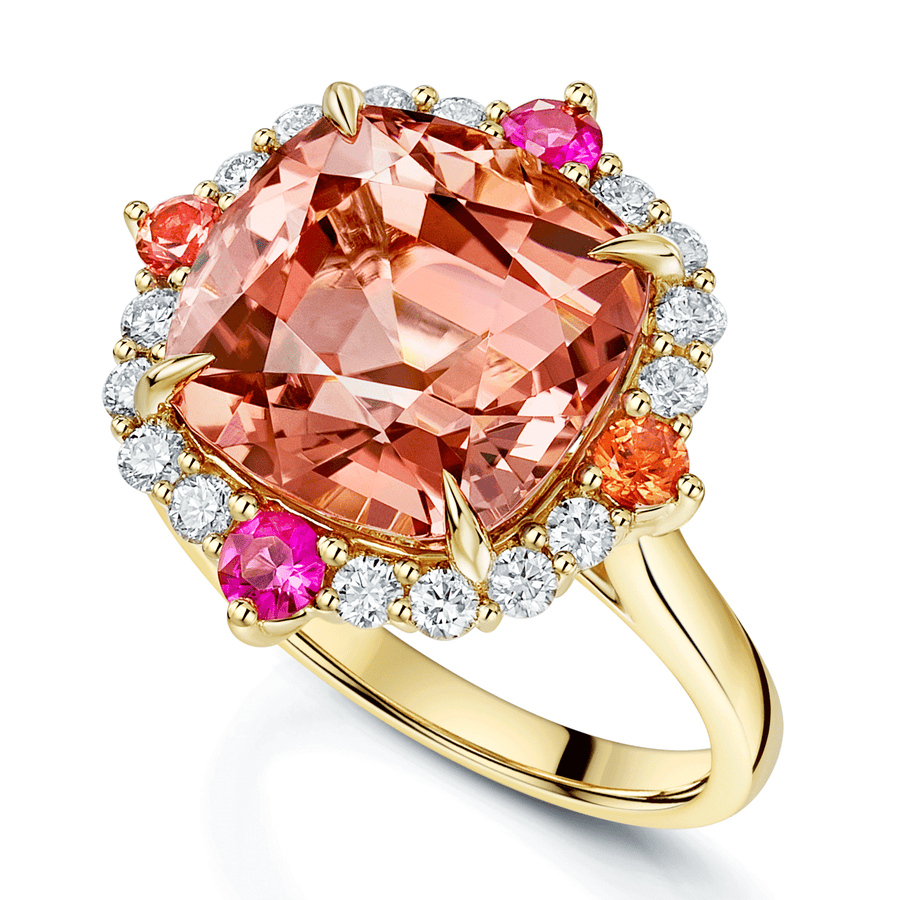 18ct Yellow Gold Pink Tourmaline Cluster Dress Ring With Diamond, Ruby And Orange Sapphire Surround