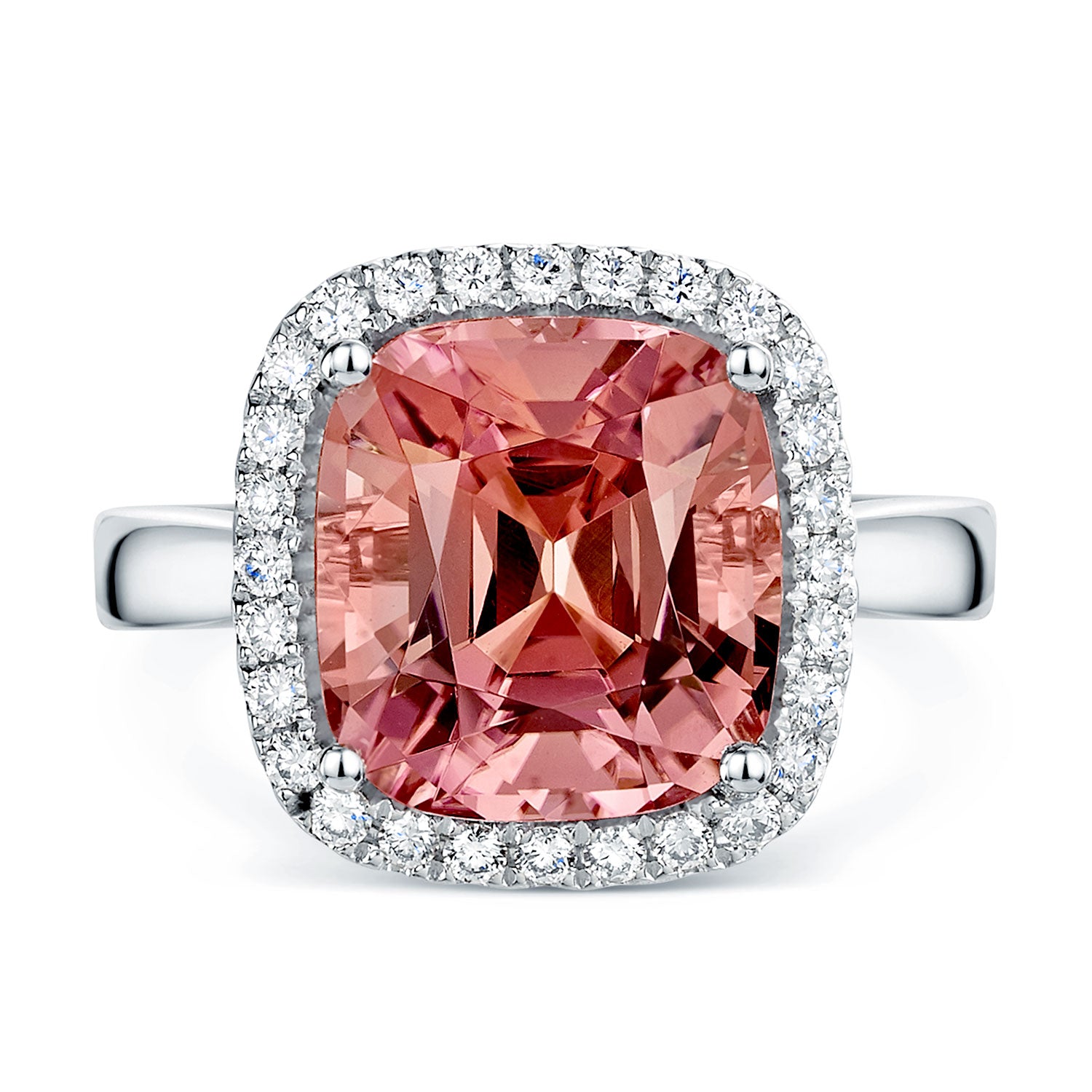 Berry's Platinum Cushion Cut Pink Tourmaline And Diamond Halo Surround Dress Ring - Berry's Jewellers