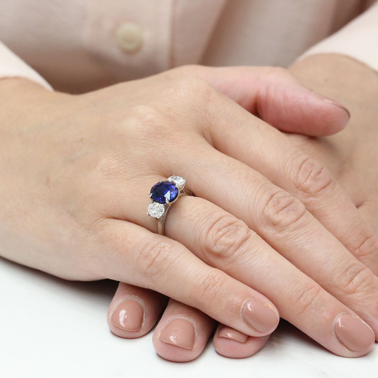 Platinum Certificated Oval Cut Blue Sapphire And Oval Cut Diamond Three Stone Ring