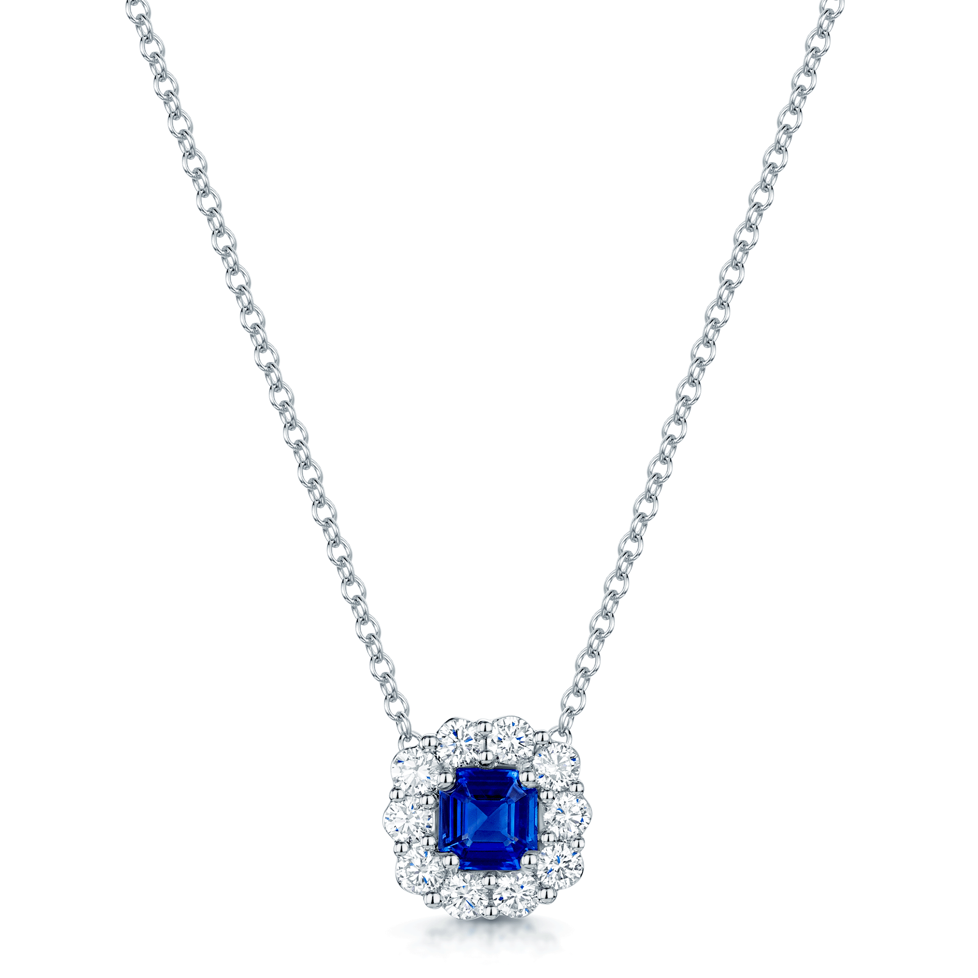 18ct White Gold Emerald Cut Sapphire And Diamond Cluster Pendant