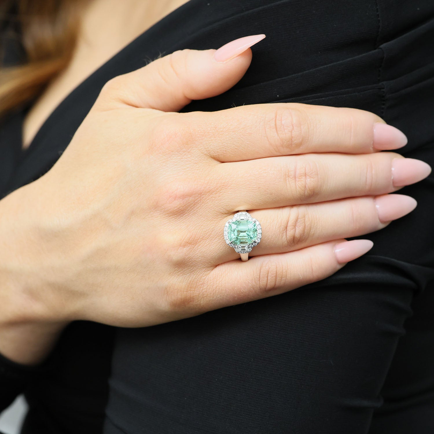 Platinum Radiant Cut Green Tourmaline And Diamond Cluster Dress Ring