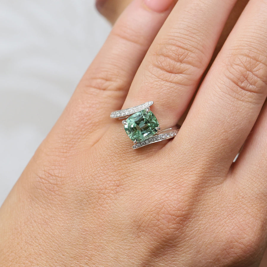 Platinum Cushion Cut Green Mint Tourmaline And Pave Set  Diamond Twist Ring