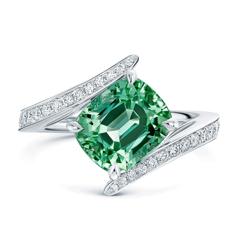 Platinum Cushion Cut Green Mint Tourmaline And Pave Set  Diamond Twist Ring