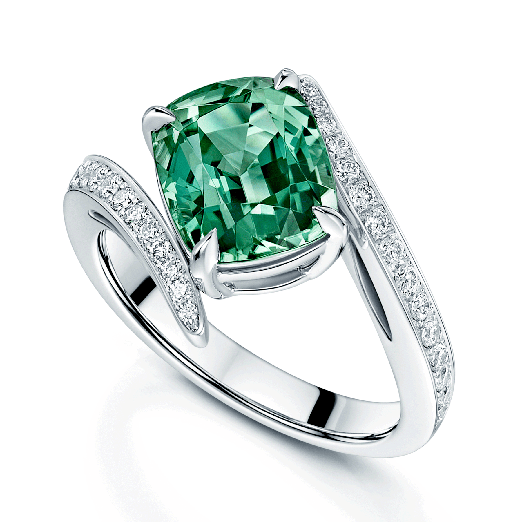 Platinum Cushion Cut Green Mint Tourmaline And Pave Set  Diamond Twist Ring